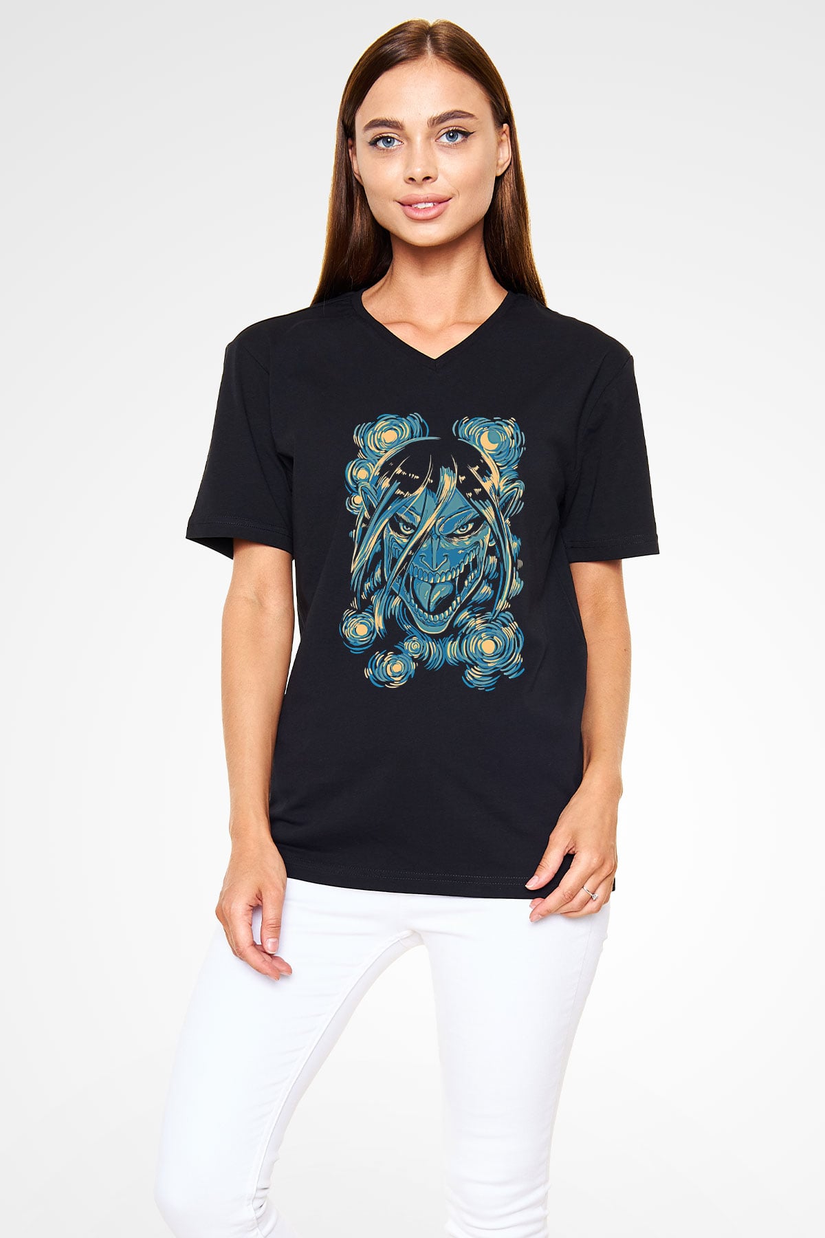 Attack On Titan Baskılı Unisex Siyah V Yaka Tişört - Tshirt