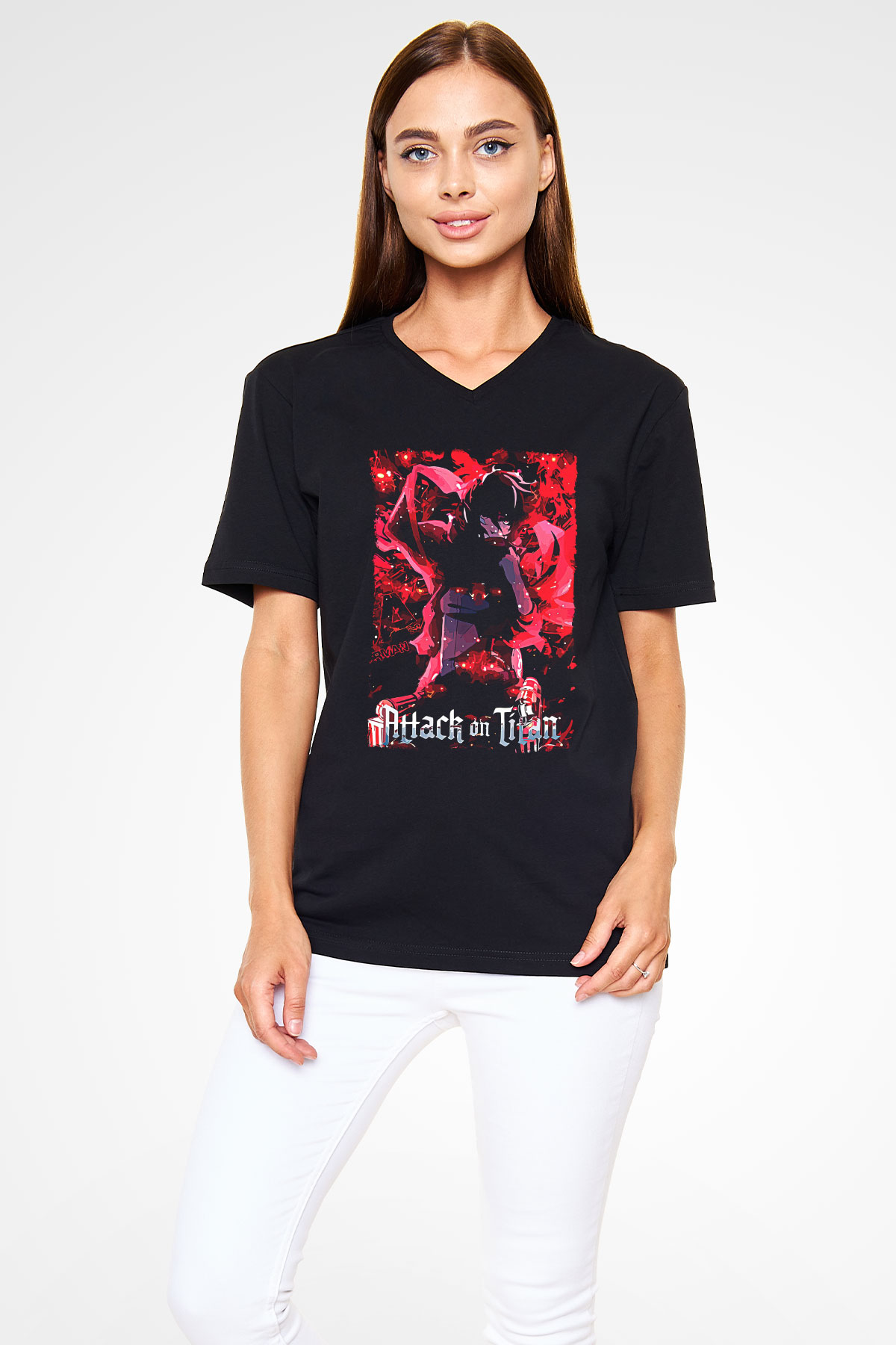 Attack On Titan Baskılı Unisex Siyah V Yaka Tişört - Tshirt
