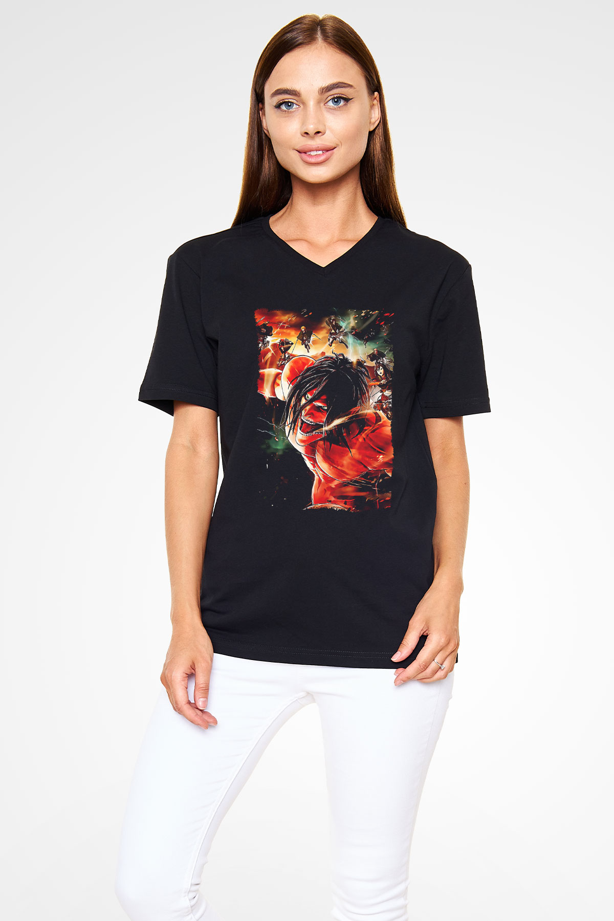 Attack On Titan Baskılı Unisex Siyah V Yaka Tişört - Tshirt