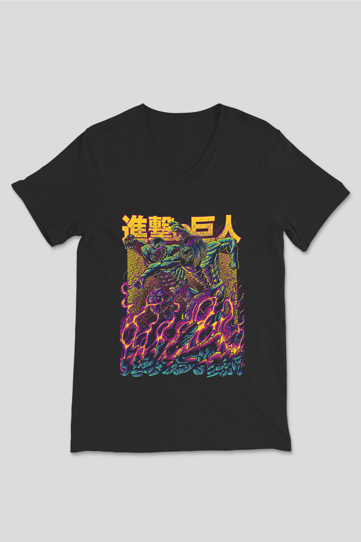 Attack On Titan Baskılı Unisex Siyah V Yaka Tişört - Tshirt