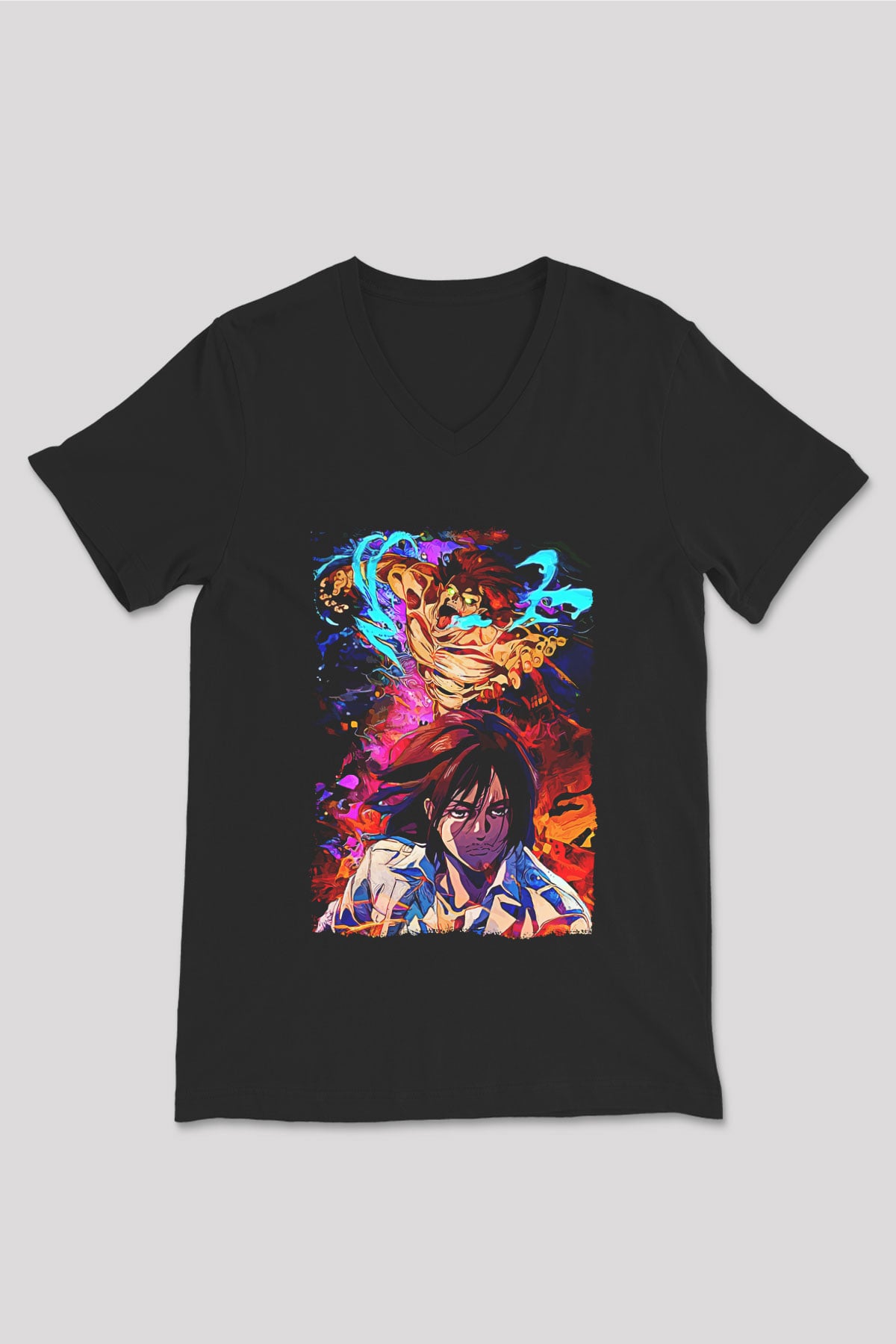 Attack On Titan Baskılı Unisex Siyah V Yaka Tişört - Tshirt