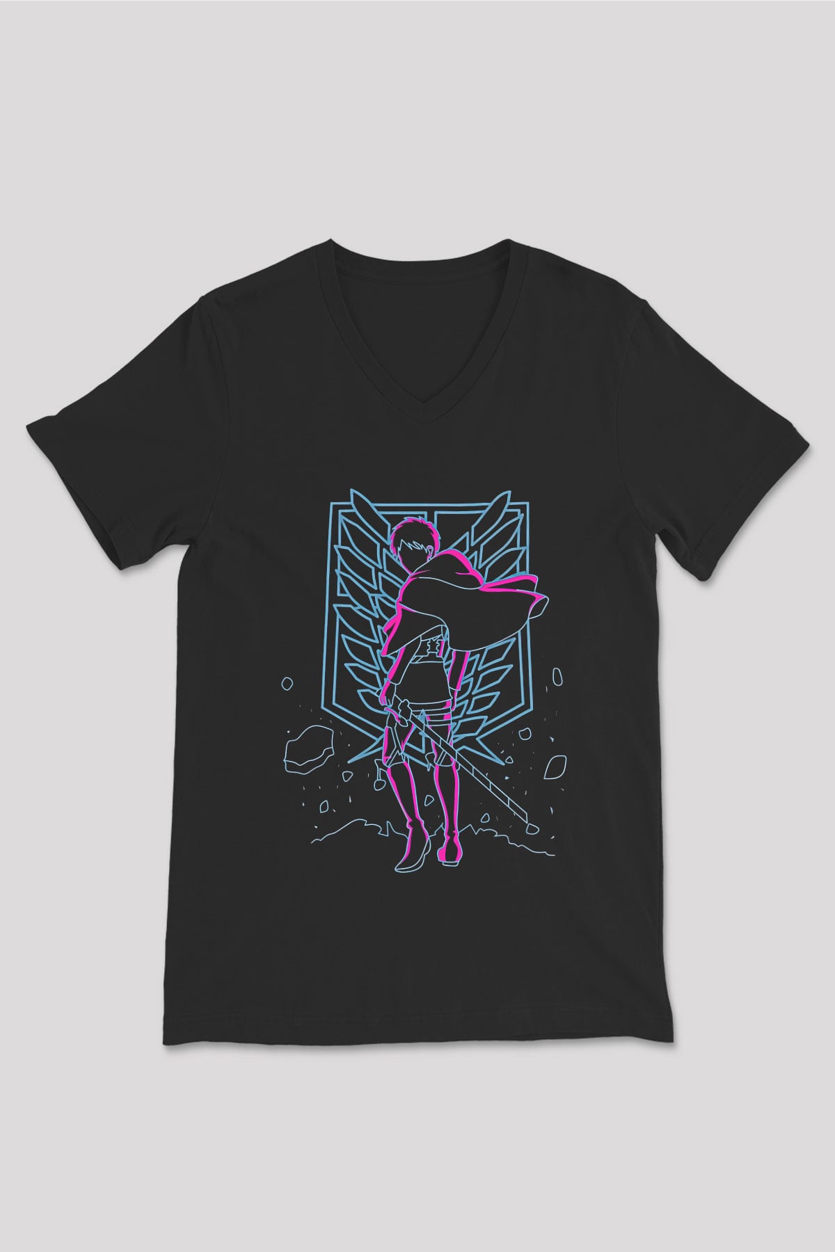 Attack On Titan Baskılı Unisex Siyah V Yaka Tişört - Tshirt