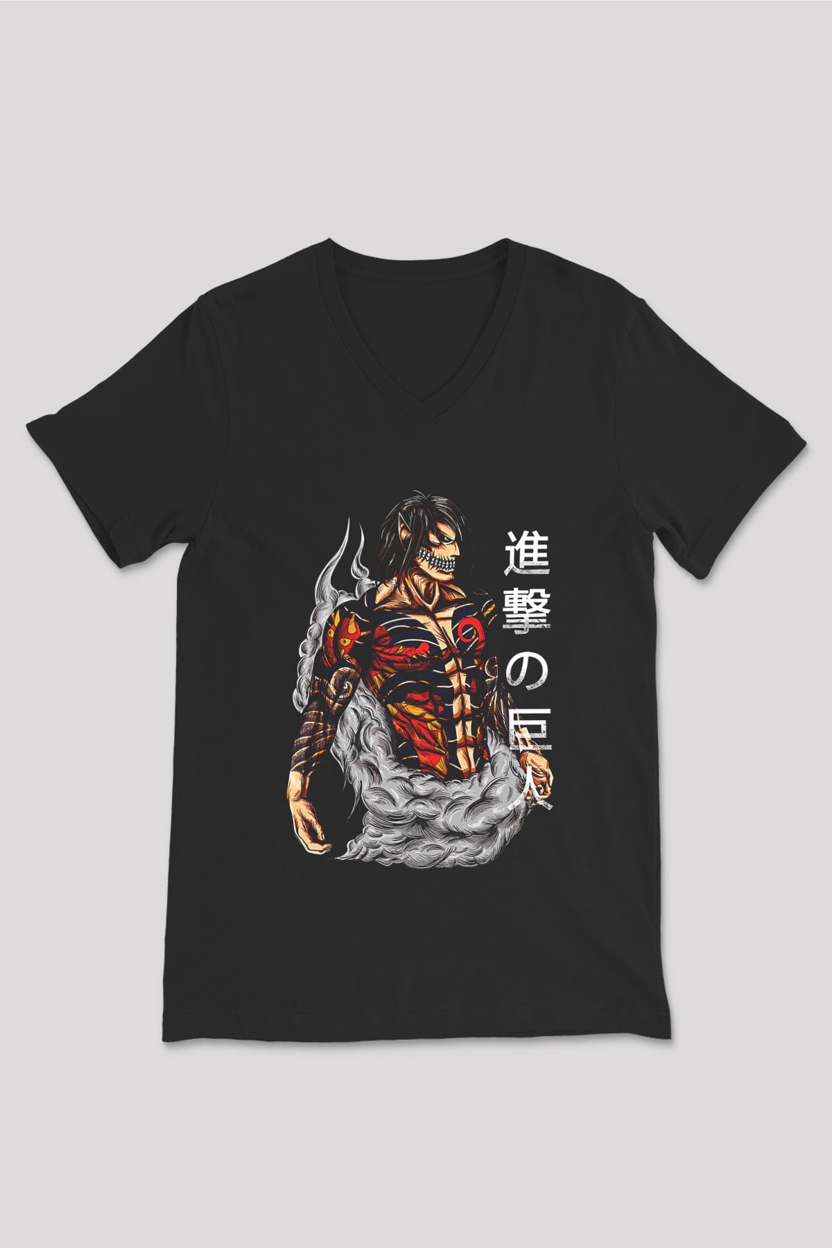 Attack On Titan Baskılı Unisex Siyah V Yaka Tişört - Tshirt