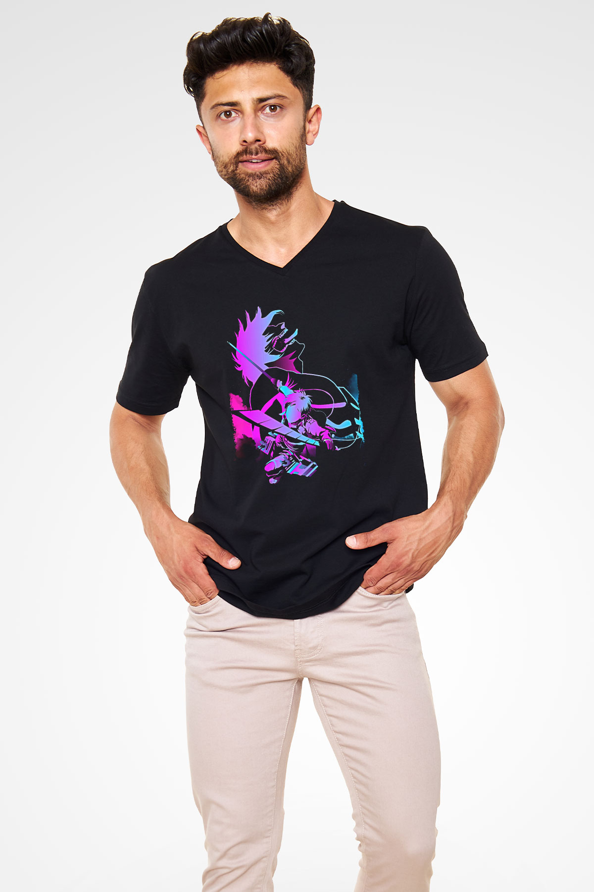 Attack On Titan Baskılı Unisex Siyah V Yaka Tişört - Tshirt