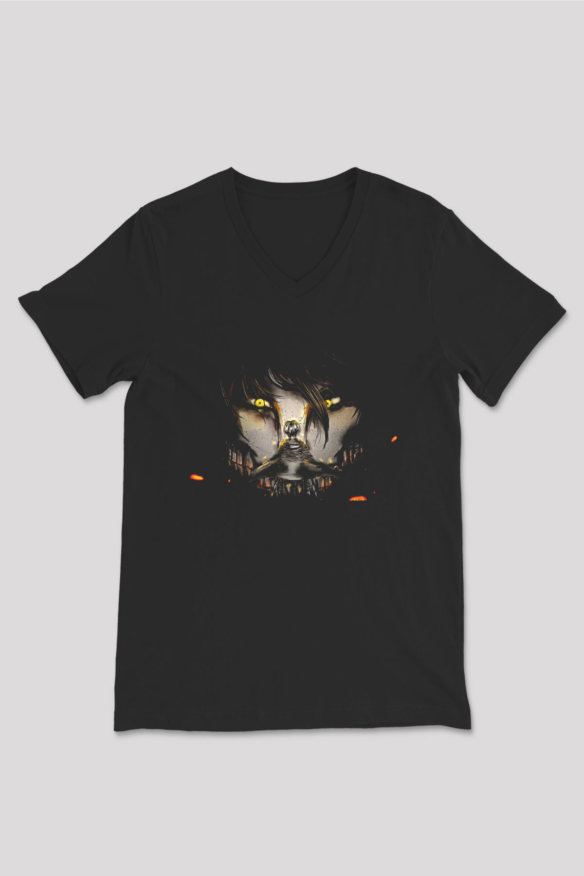 Attack On Titan Baskılı Unisex Siyah V Yaka Tişört - Tshirt