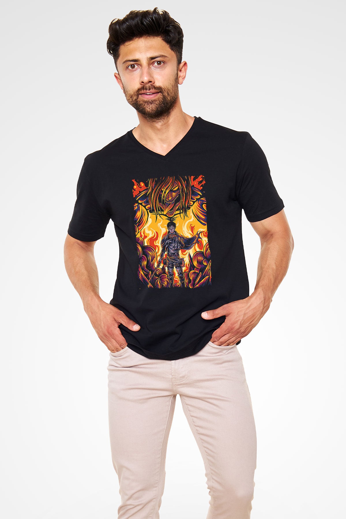 Attack On Titan Baskılı Unisex Siyah V Yaka Tişört - Tshirt
