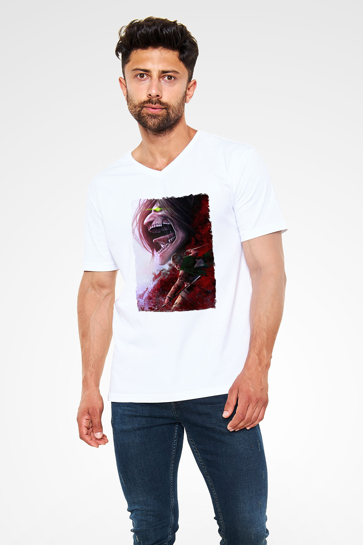Attack On Titan Baskılı Unisex Siyah V Yaka Tişört - Tshirt