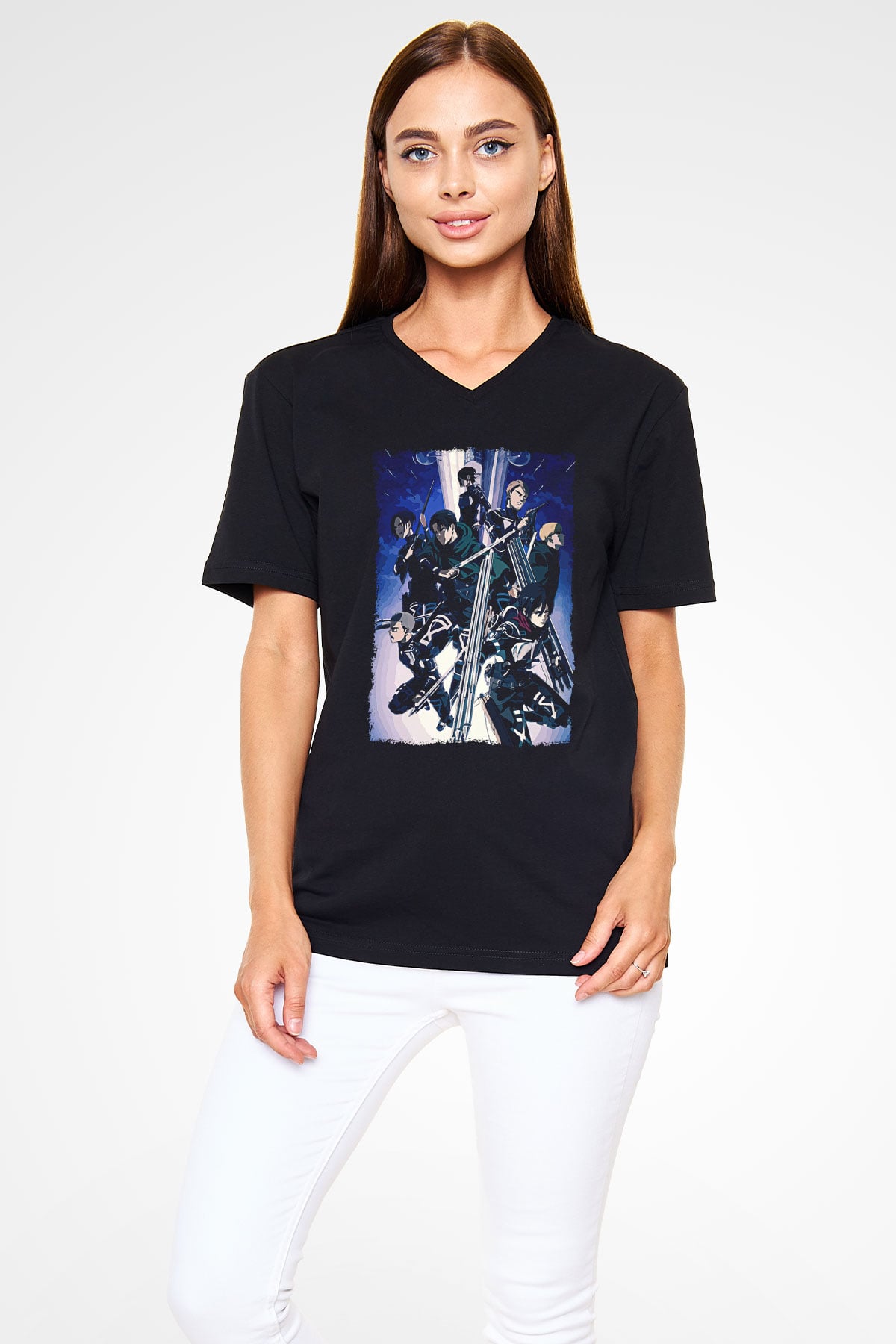 Attack On Titan Baskılı Unisex Siyah V Yaka Tişört - Tshirt