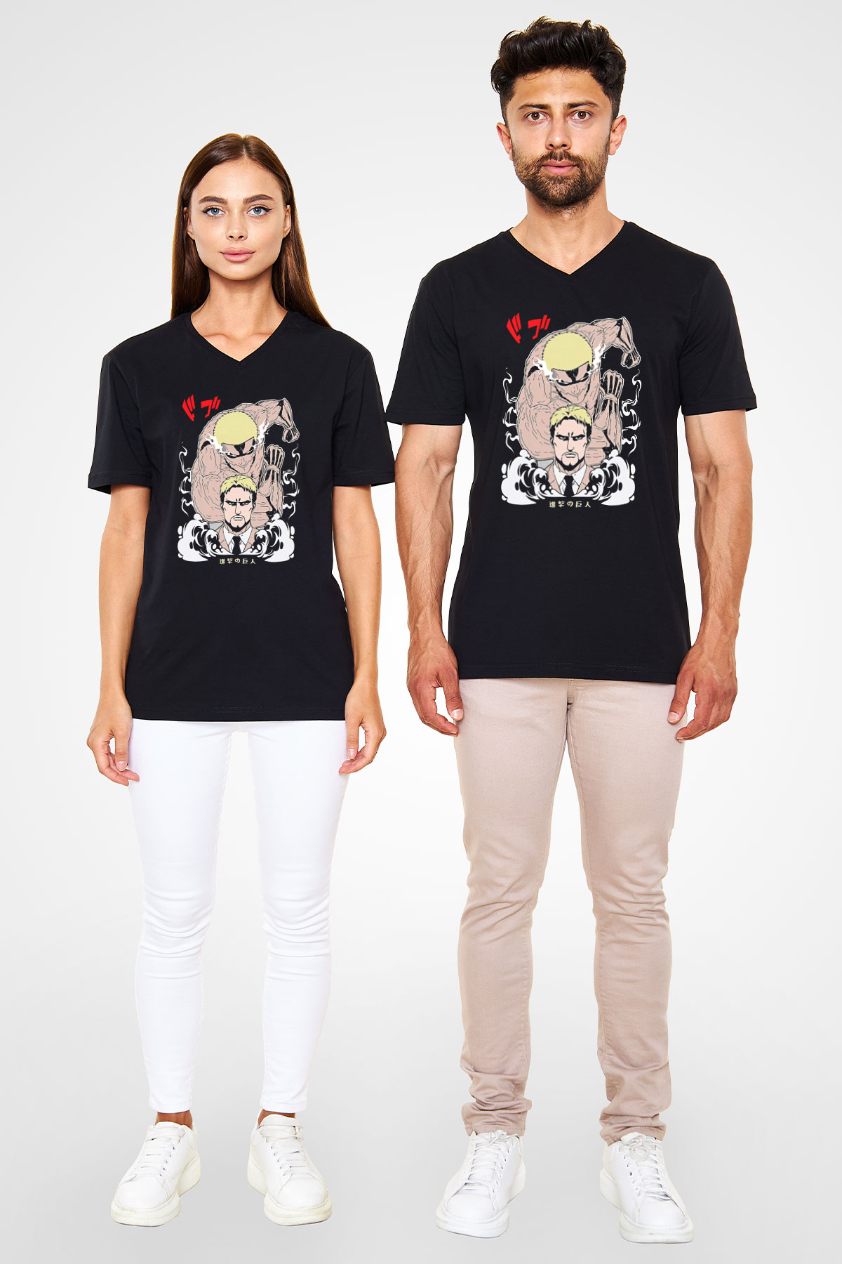 Attack On Titan Baskılı Unisex Siyah V Yaka Tişört - Tshirt