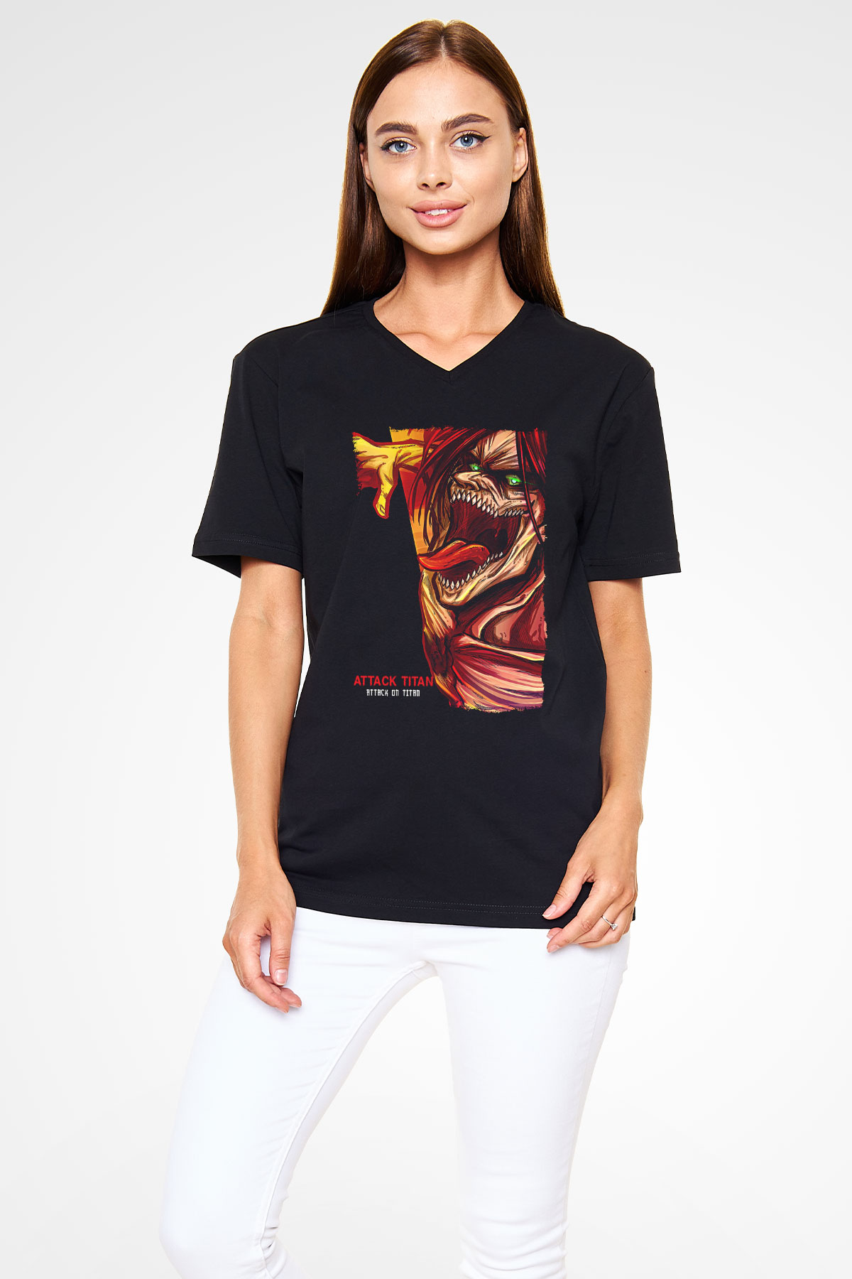 Attack On Titan Baskılı Unisex Siyah V Yaka Tişört - Tshirt