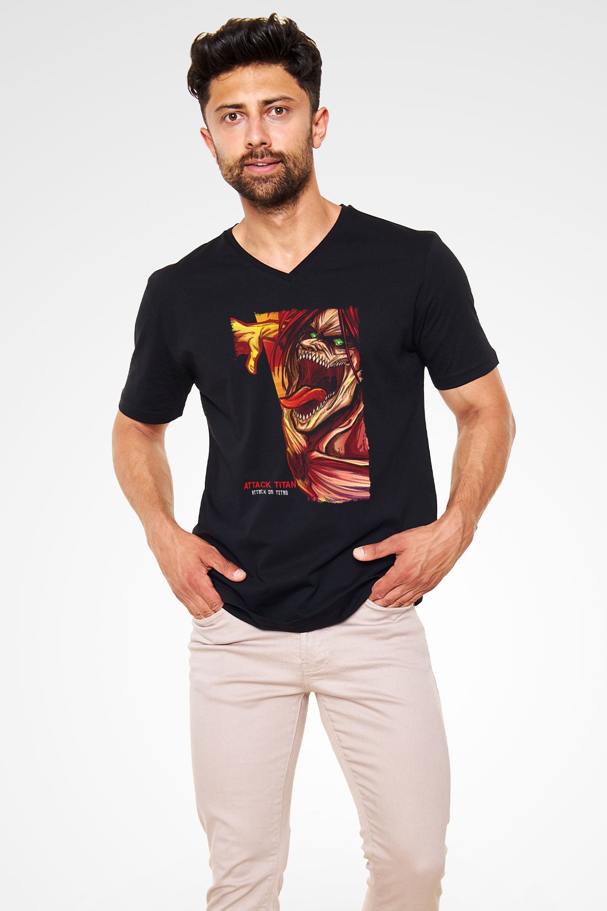 Attack On Titan Baskılı Unisex Siyah V Yaka Tişört - Tshirt