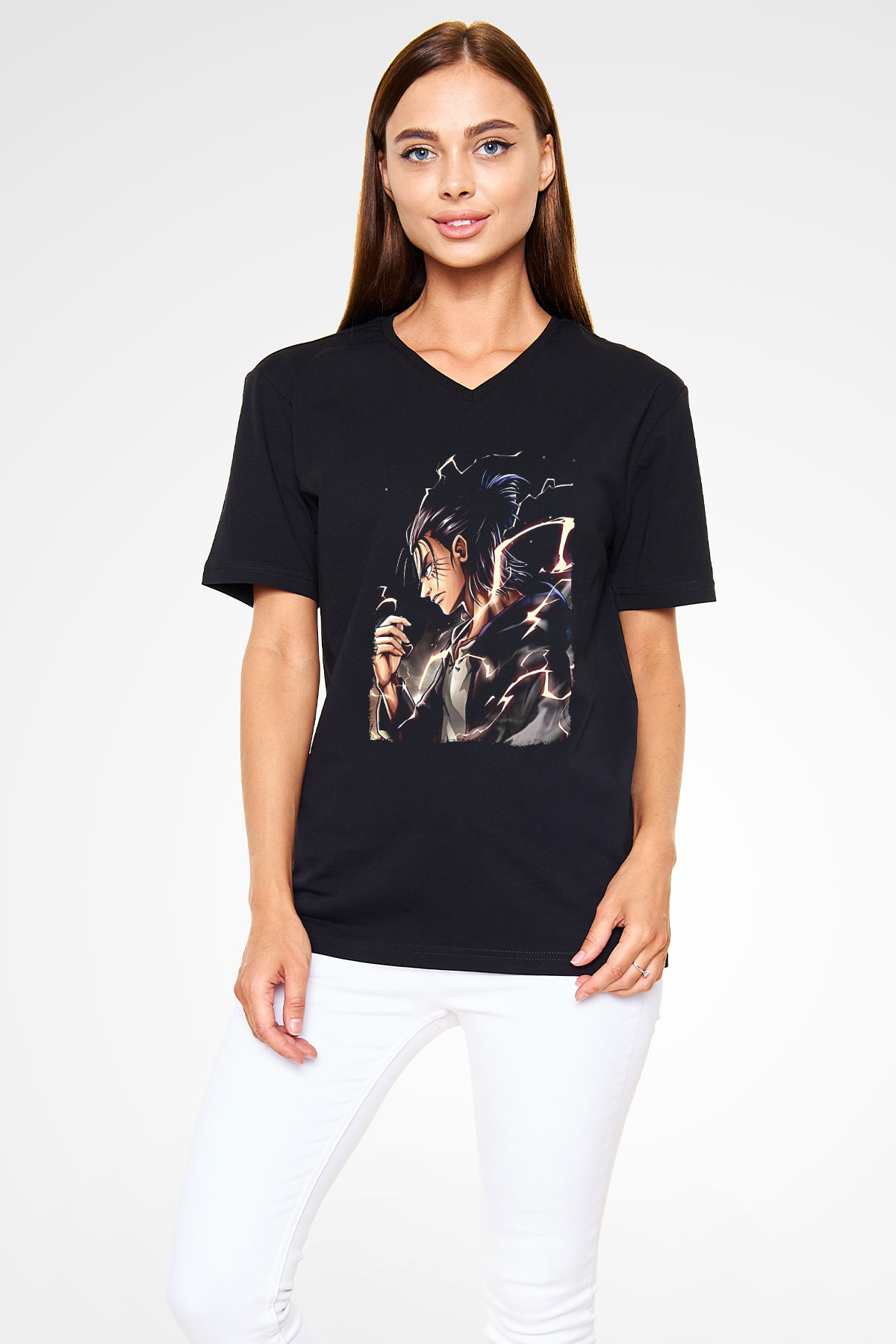 Attack On Titan Baskılı Unisex Siyah V Yaka Tişört - Tshirt