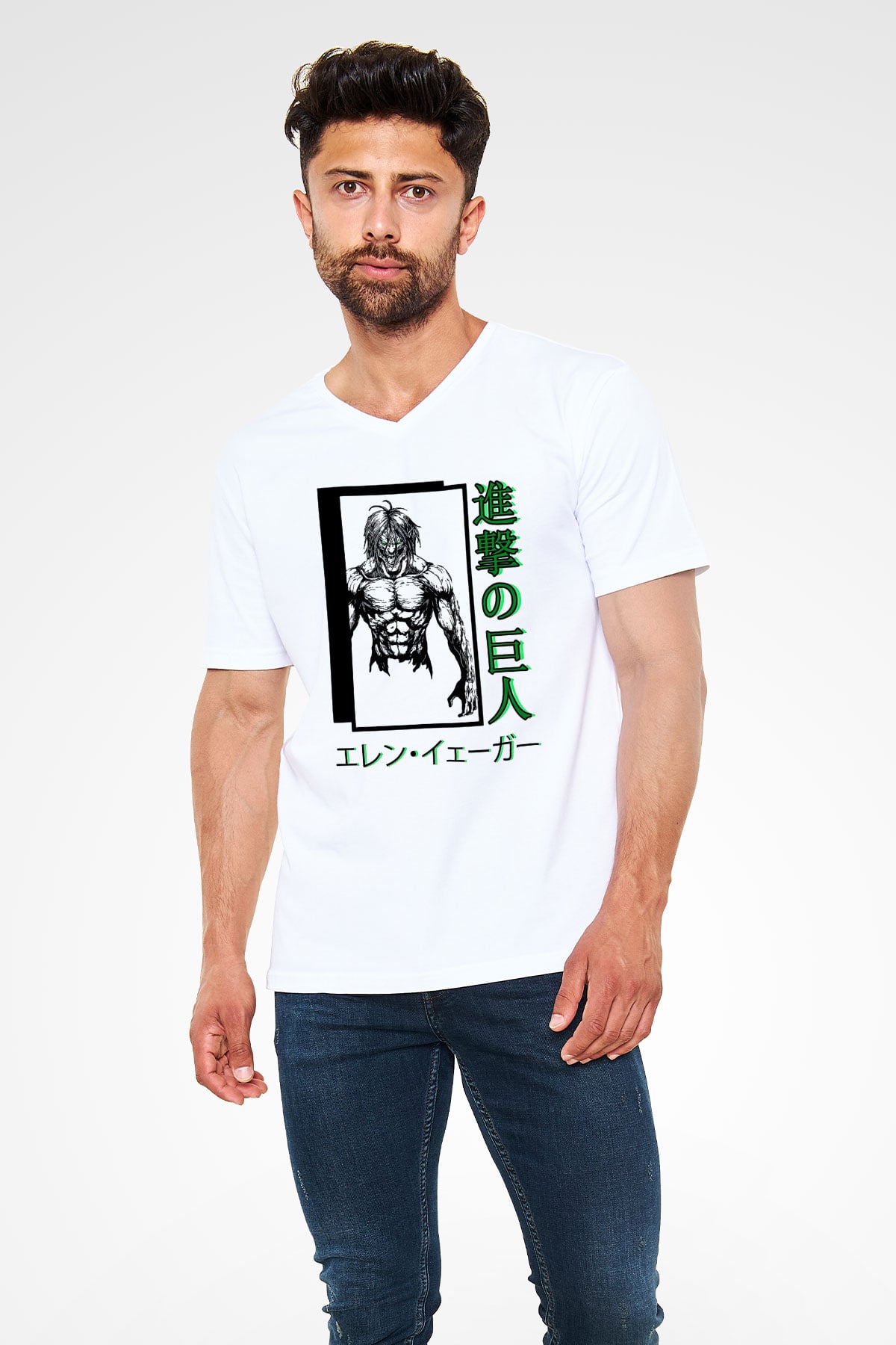 Attack On Titan Baskılı Unisex Siyah V Yaka Tişört - Tshirt