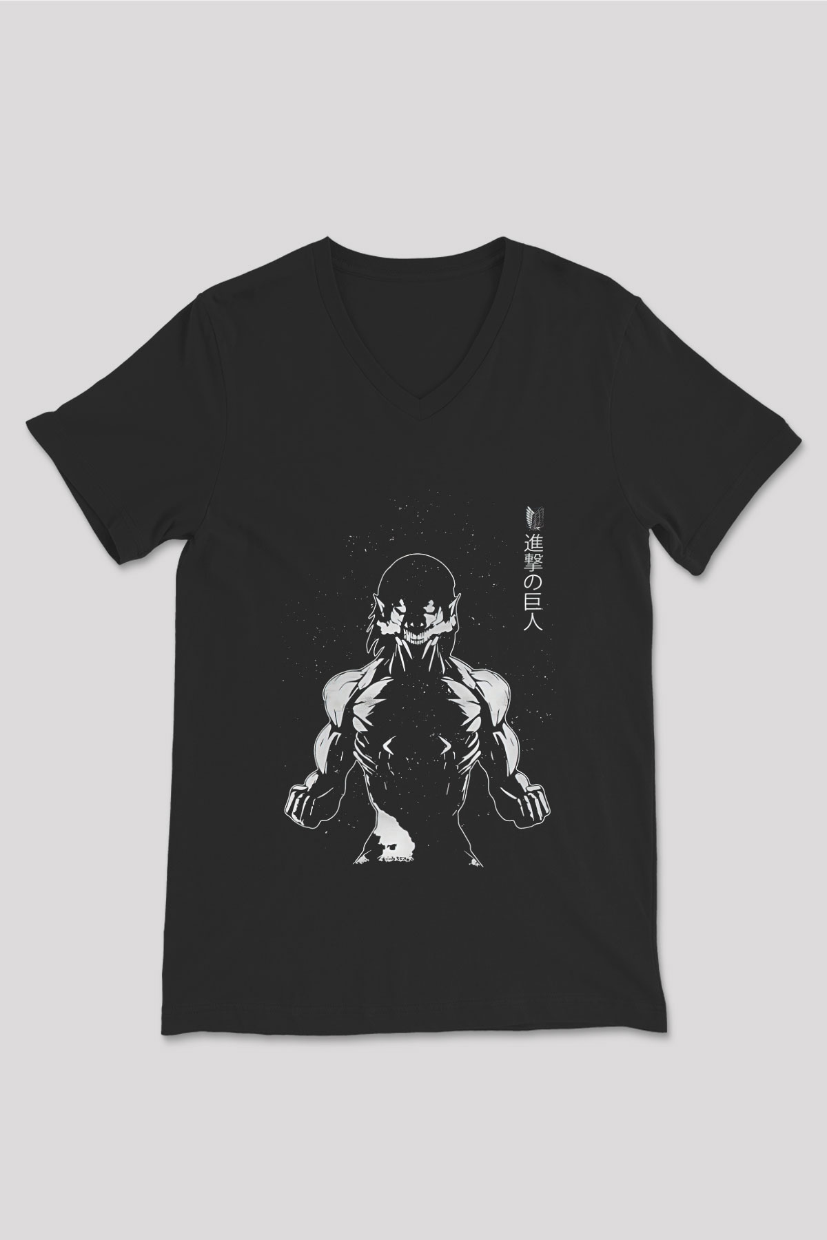 Attack On Titan Baskılı Unisex Siyah V Yaka Tişört - Tshirt