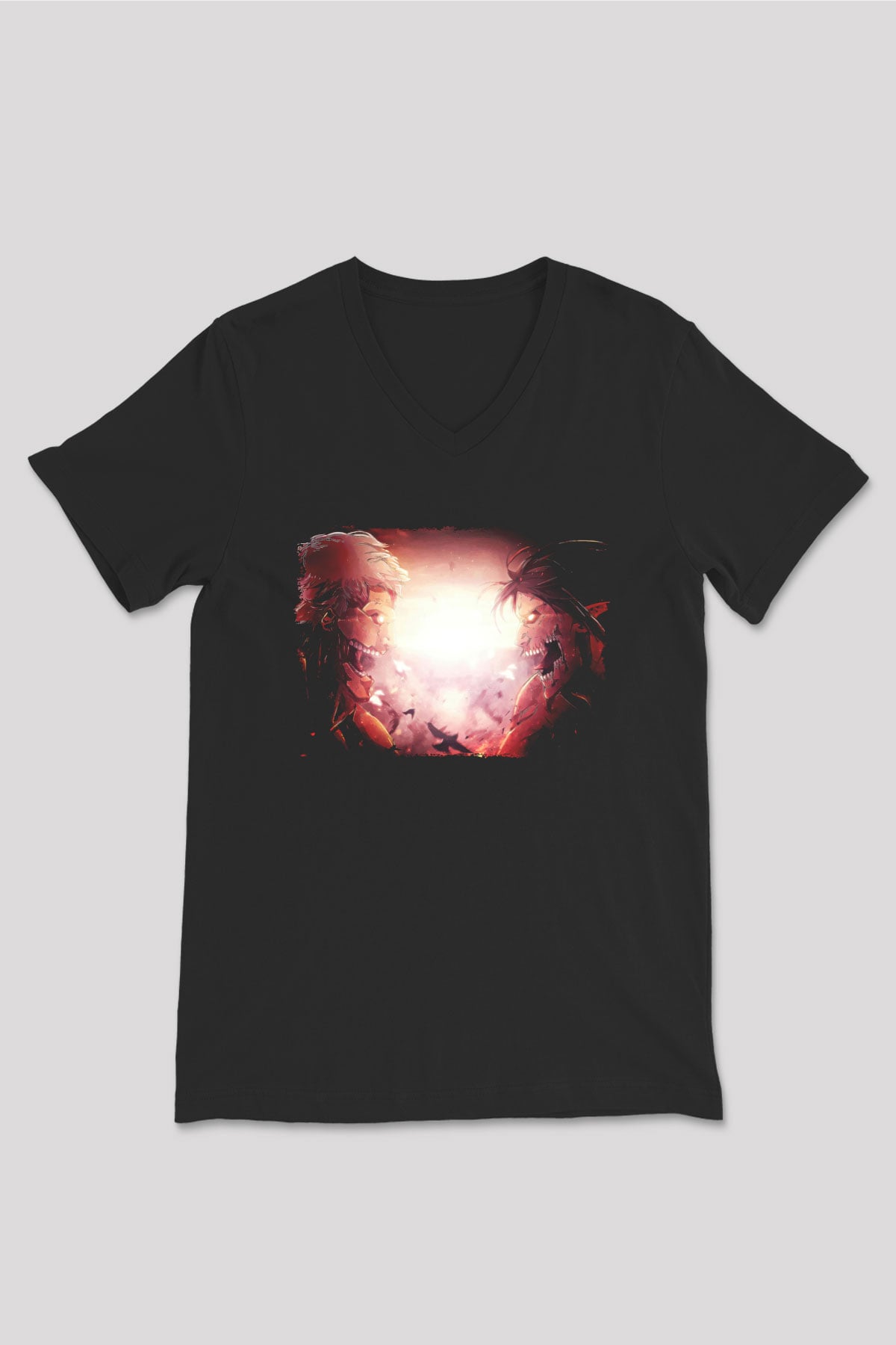 Attack On Titan Baskılı Unisex Siyah V Yaka Tişört - Tshirt