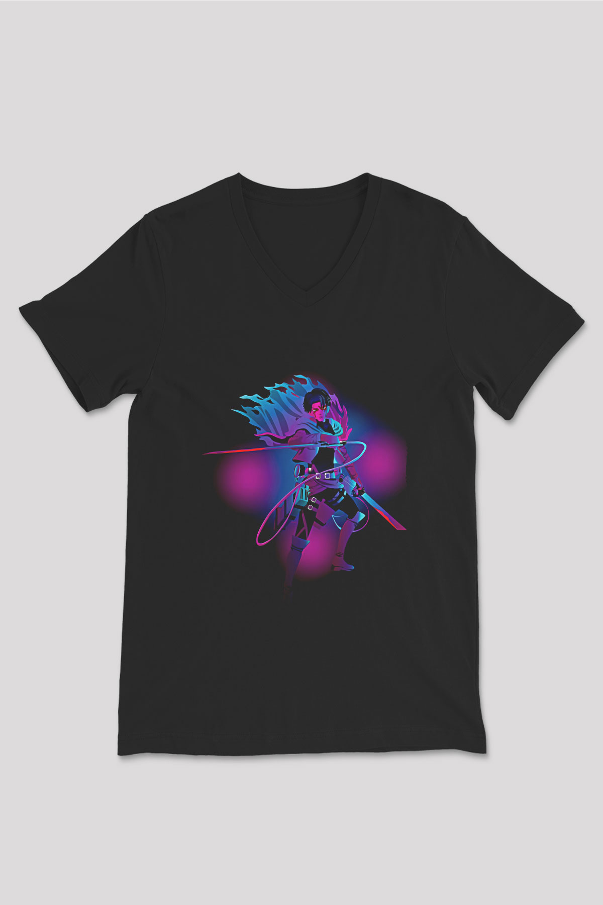 Attack On Titan Baskılı Unisex Siyah V Yaka Tişört - Tshirt