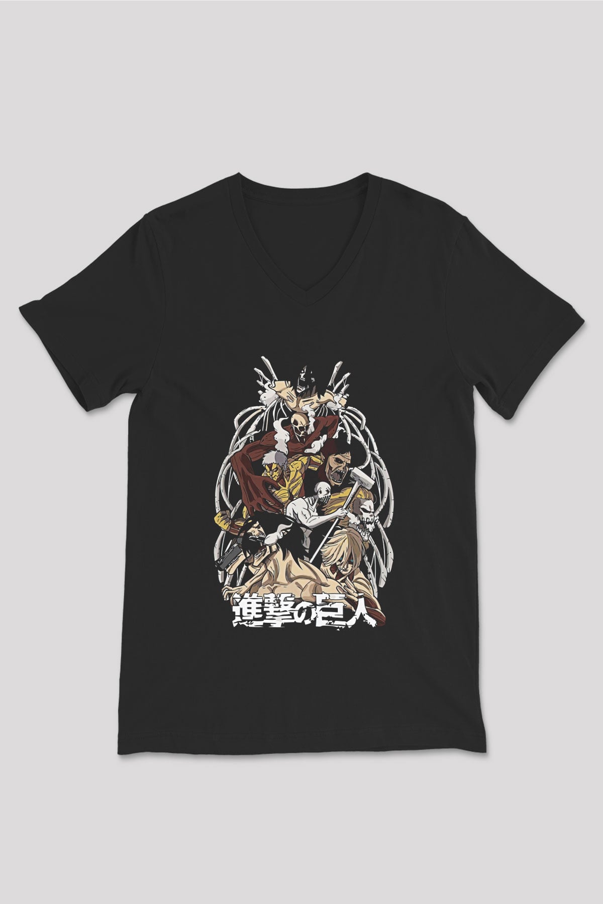 Attack On Titan Baskılı Unisex Siyah V Yaka Tişört - Tshirt