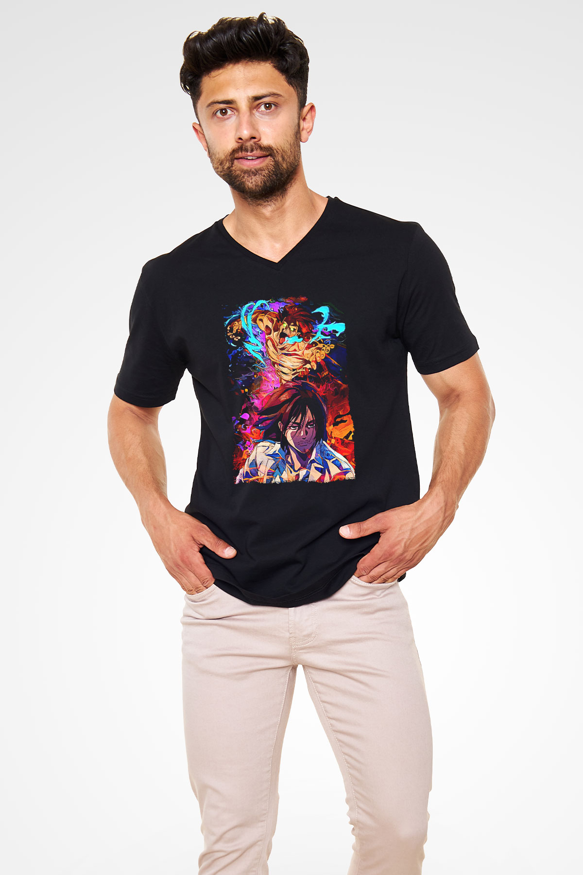 Attack On Titan Baskılı Unisex Siyah V Yaka Tişört - Tshirt