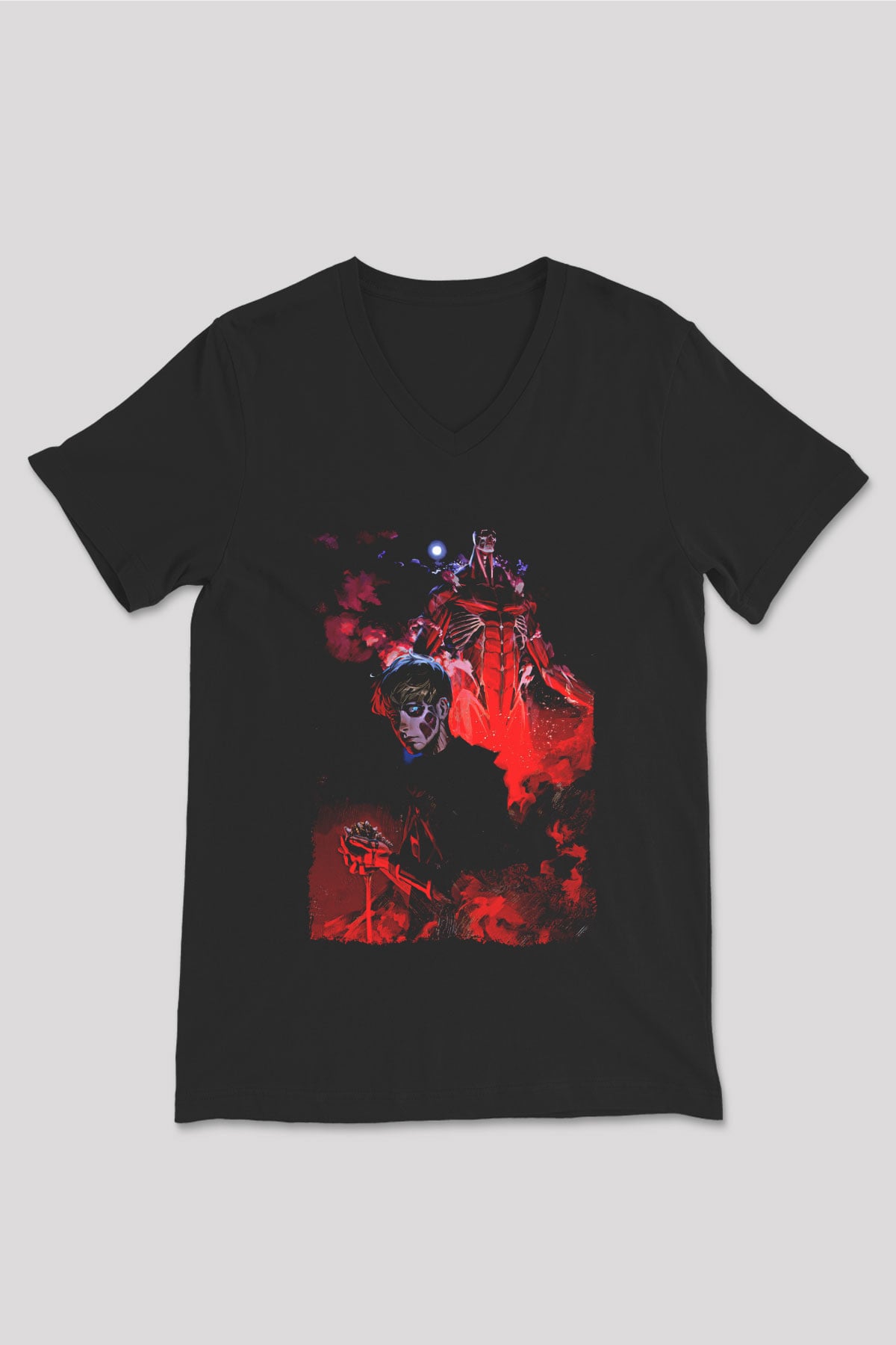 Attack On Titan Baskılı Unisex Siyah V Yaka Tişört - Tshirt