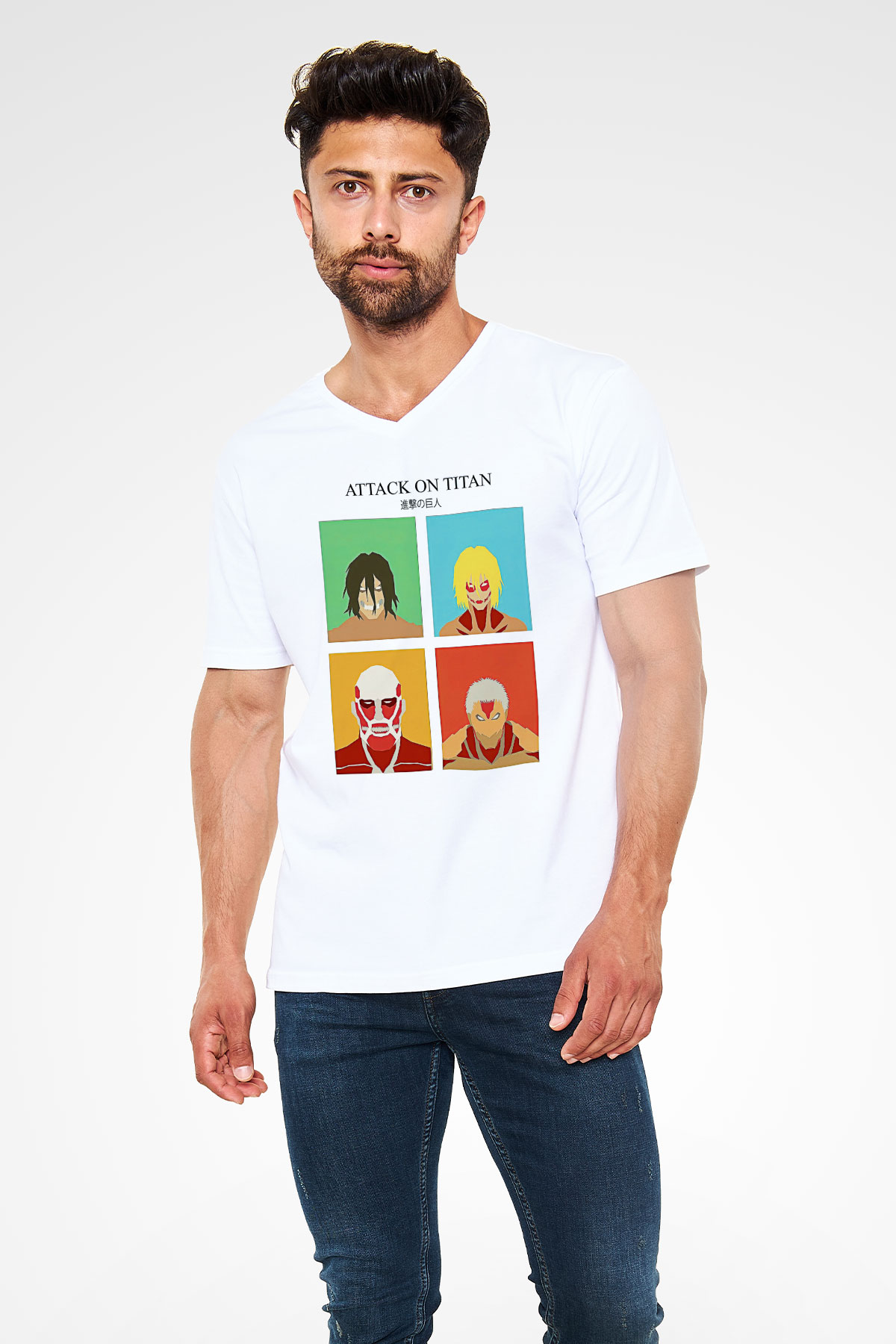 Attack On Titan Baskılı Unisex Siyah V Yaka Tişört - Tshirt