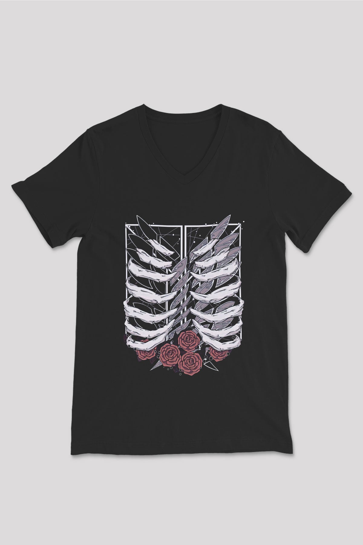 Attack On Titan Baskılı Unisex Siyah V Yaka Tişört - Tshirt