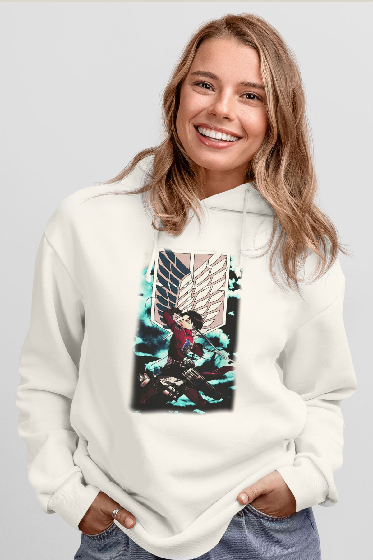 Attack on Titan Beyaz Unisex Kapşonlu Sweatshirt