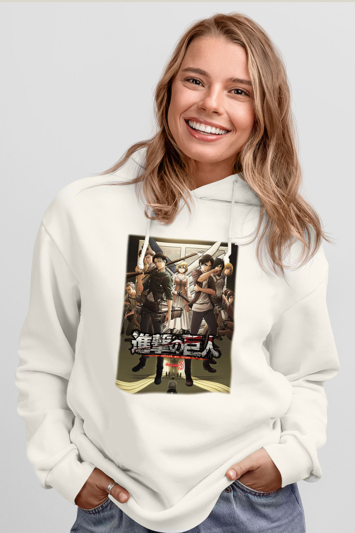 Attack on Titan Beyaz Unisex Kapşonlu Sweatshirt