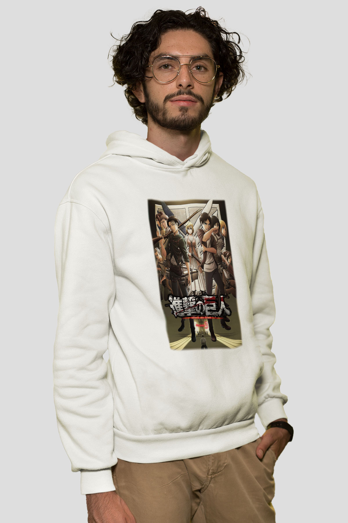 Attack on Titan Beyaz Unisex Kapşonlu Sweatshirt