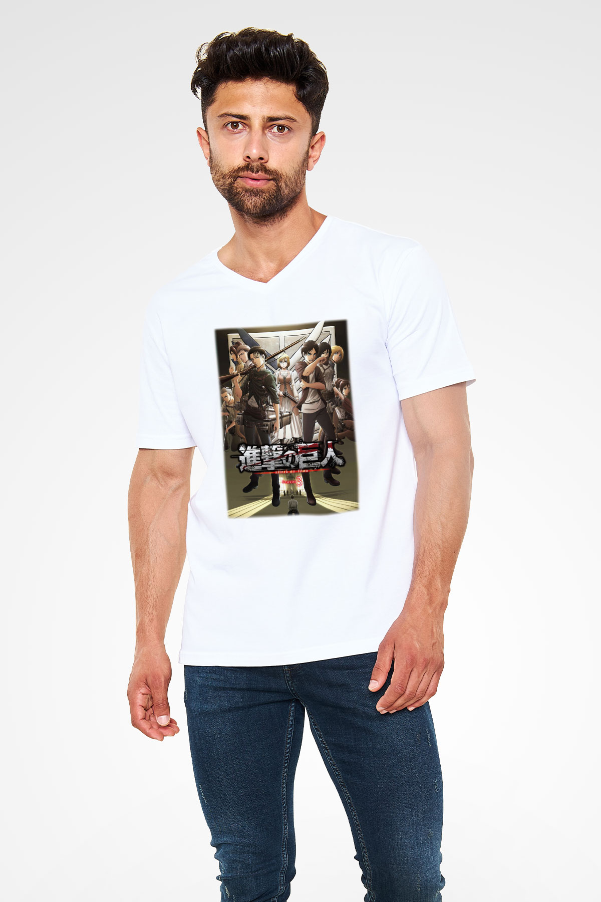 Attack on Titan Beyaz Unisex V Yaka Tişört T-Shirt