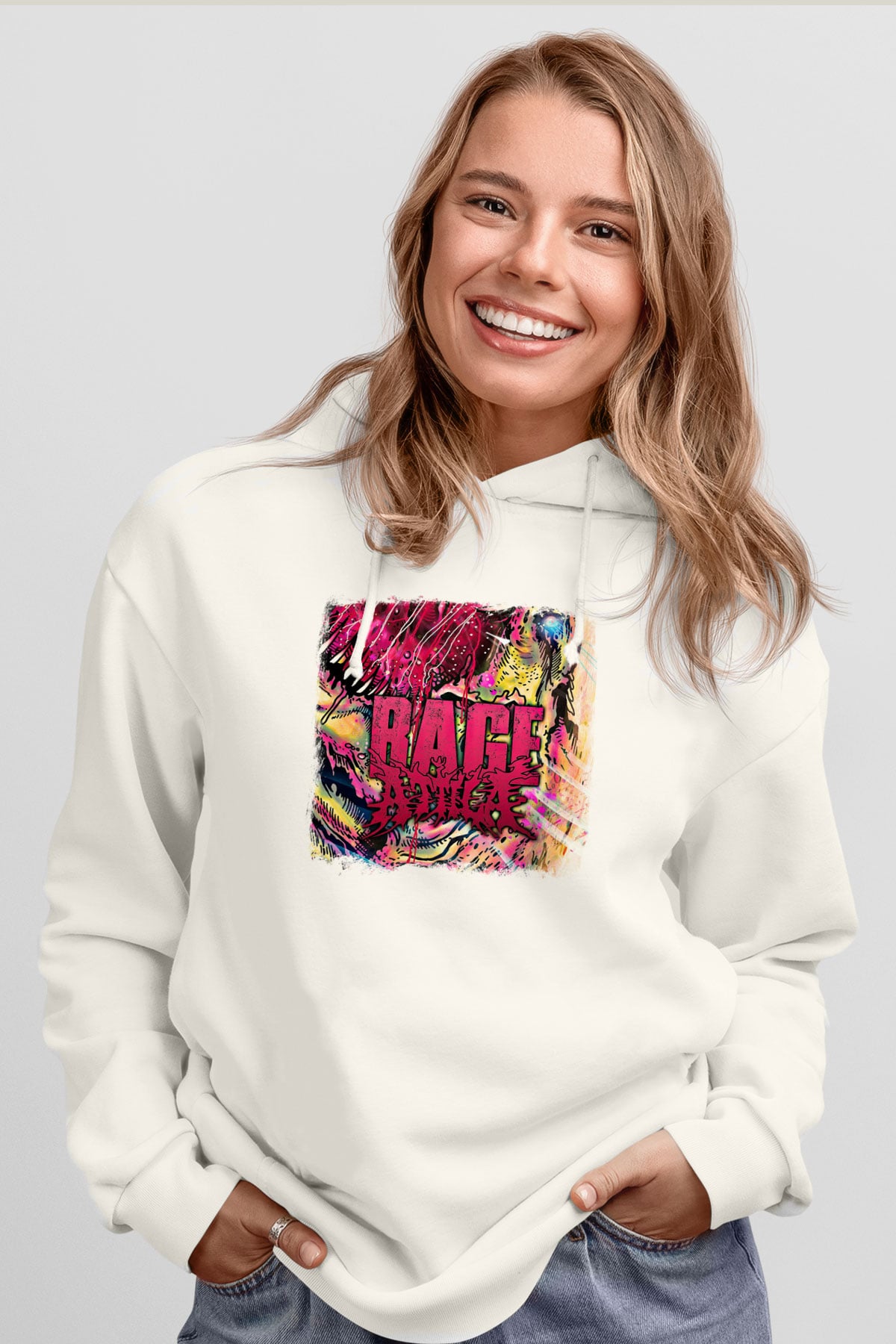 Attila Baskılı Unisex Beyaz Hoodie