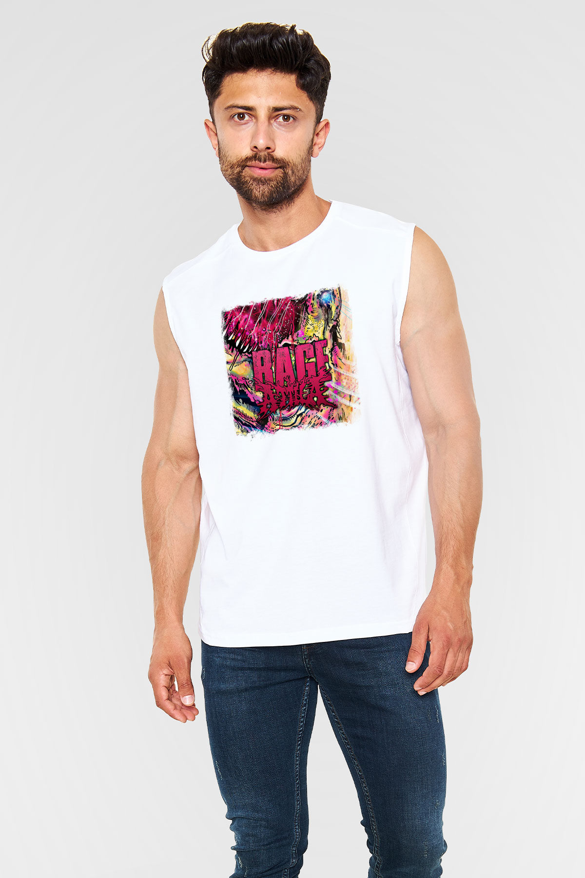 Attila Baskılı Unisex Beyaz Kolsuz Tişört