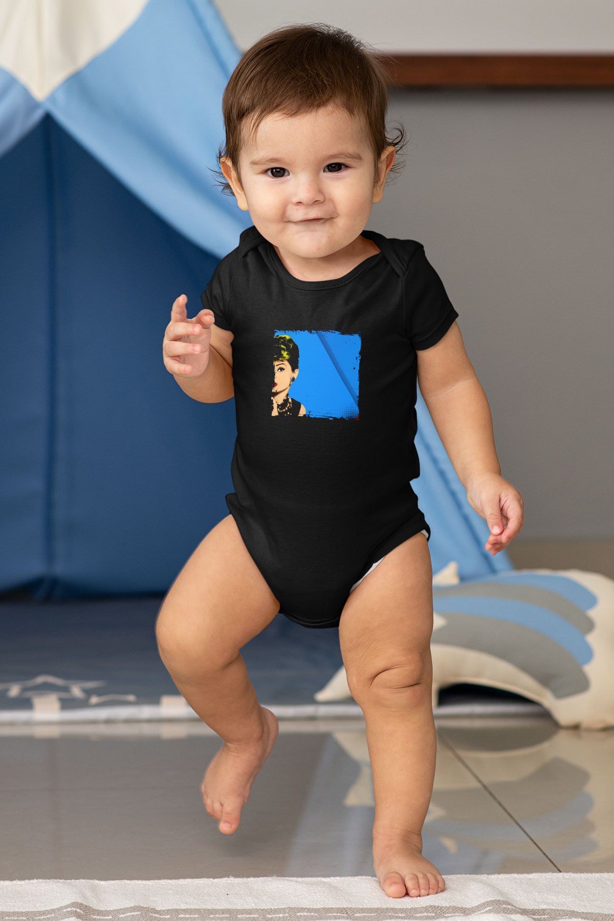 Audrey Hepburn Baskılı Unisex Siyah Bebek Body - Zıbın