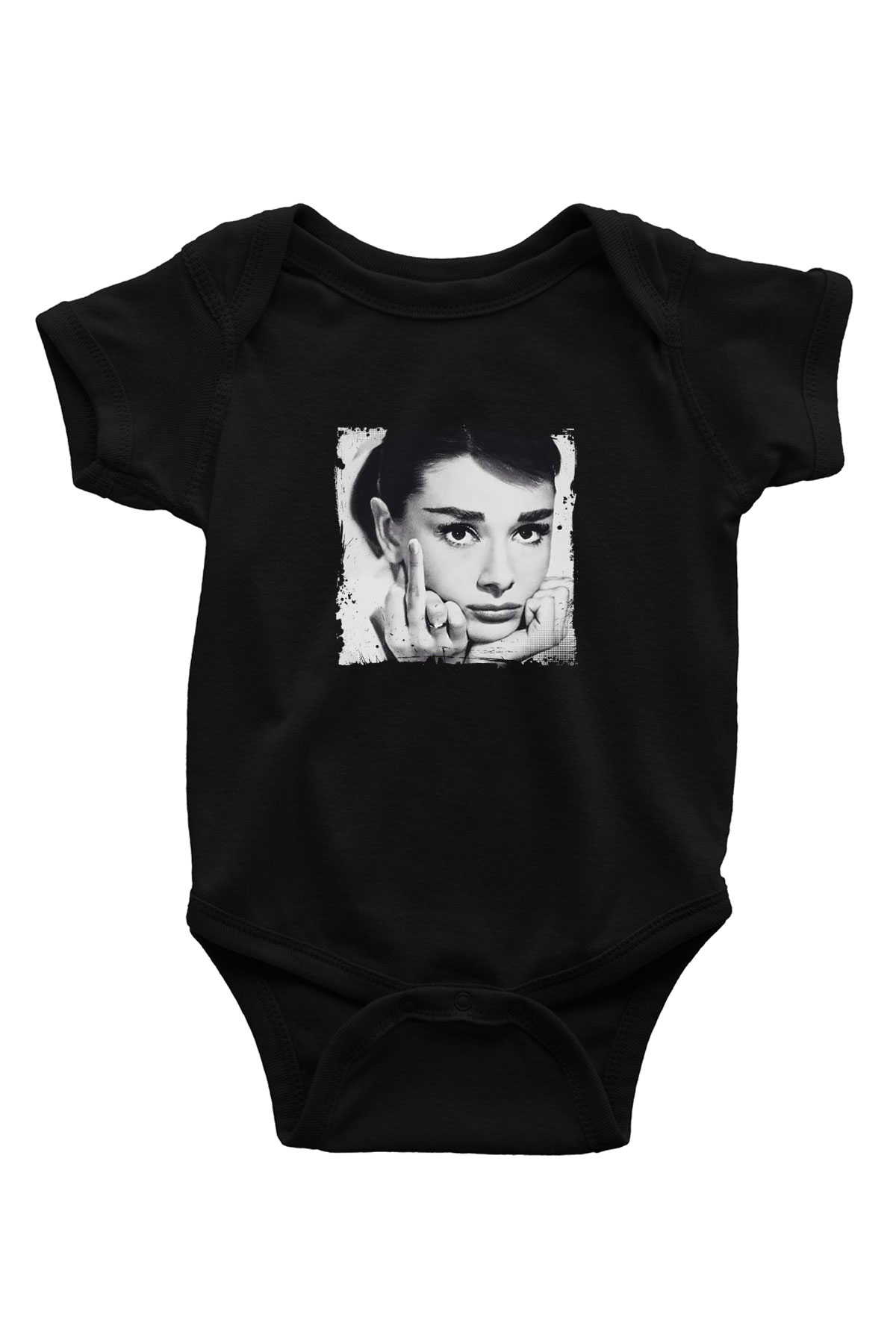 Audrey Hepburn Baskılı Unisex Siyah Bebek Body - Zıbın