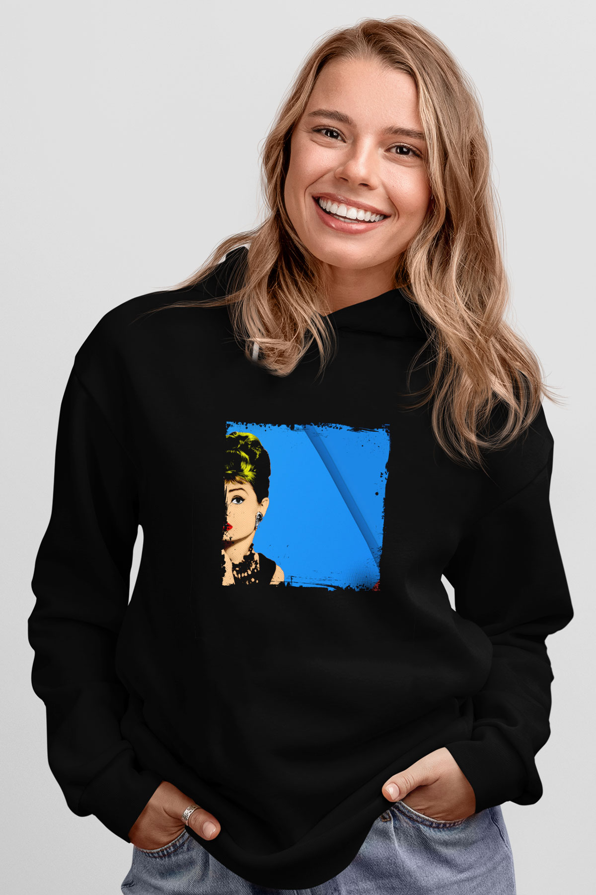 Audrey Hepburn Baskılı Unisex Siyah Hoodie
