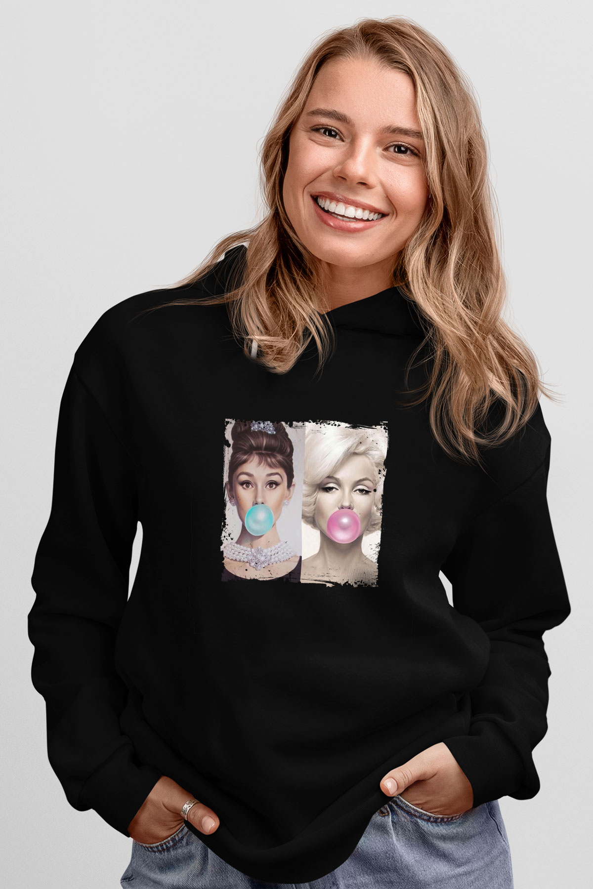 Audrey Hepburn Baskılı Unisex Siyah Hoodie
