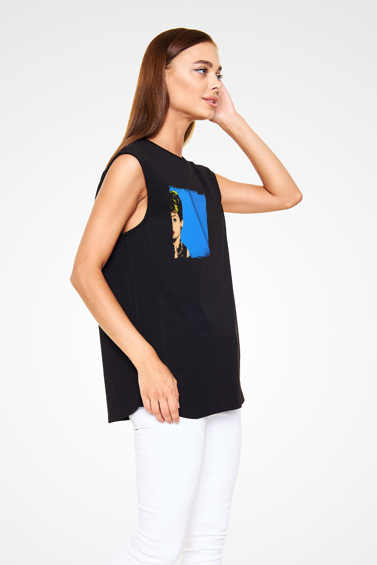 Audrey Hepburn Baskılı Unisex Siyah Kolsuz Tişört