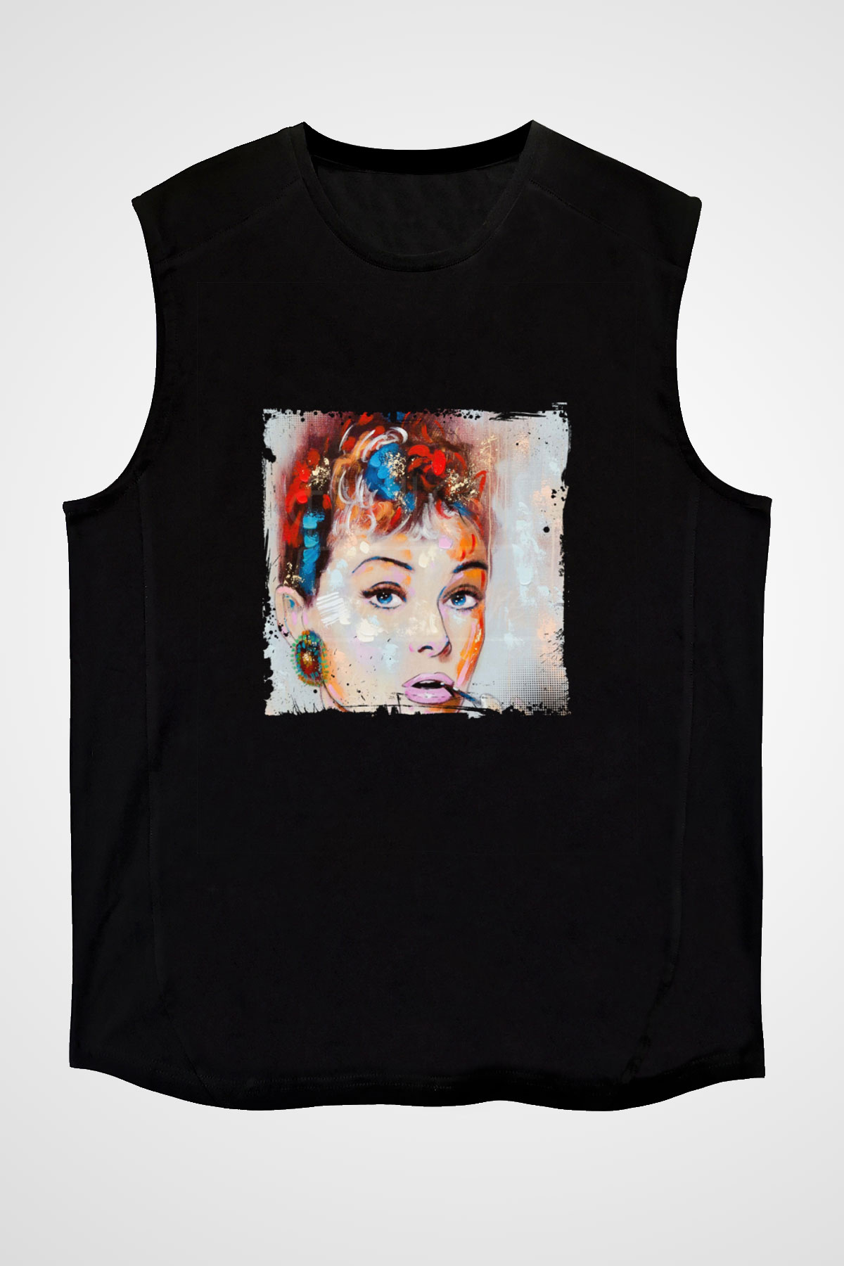 Audrey Hepburn Baskılı Unisex Siyah Kolsuz Tişört