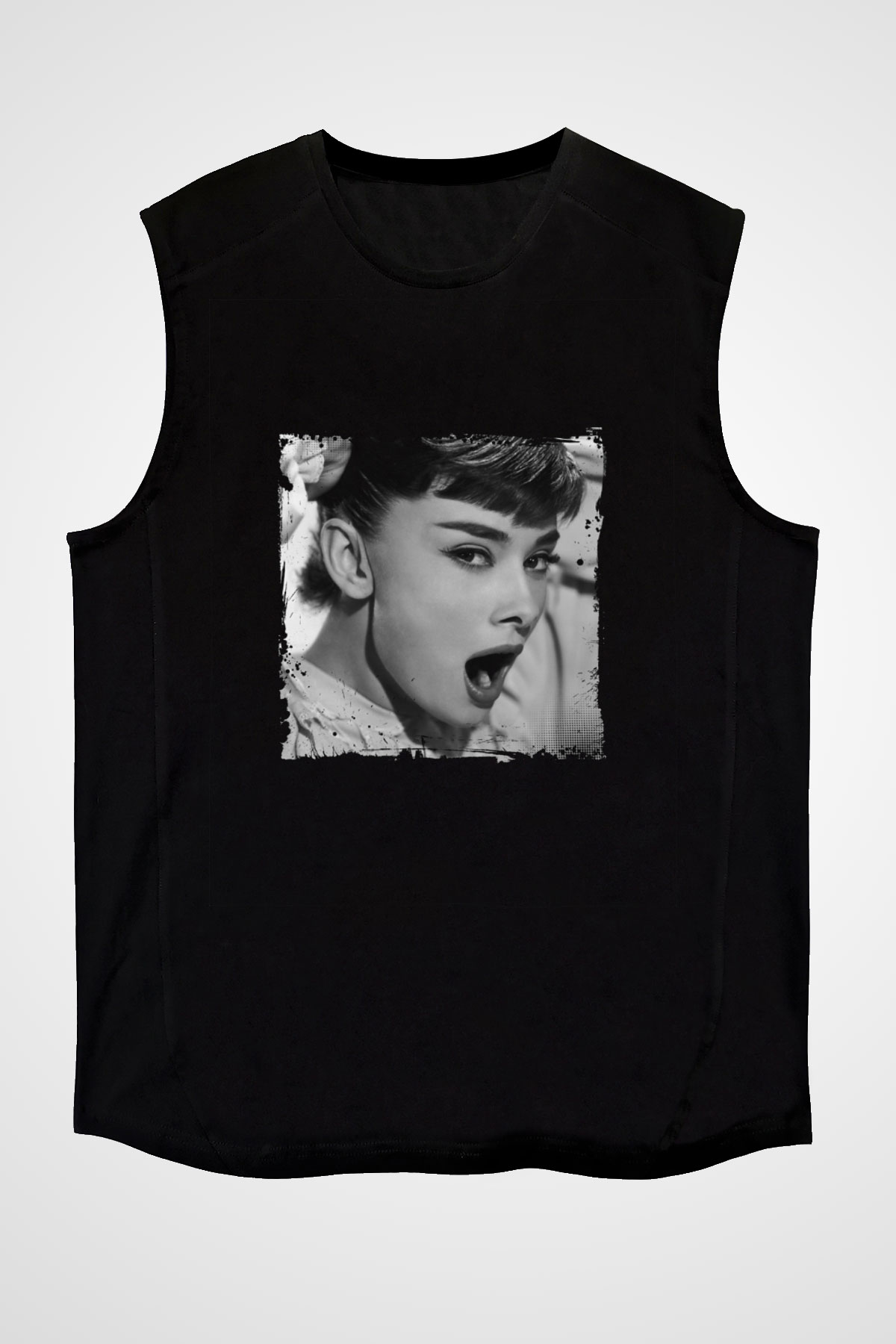 Audrey Hepburn Baskılı Unisex Siyah Kolsuz Tişört