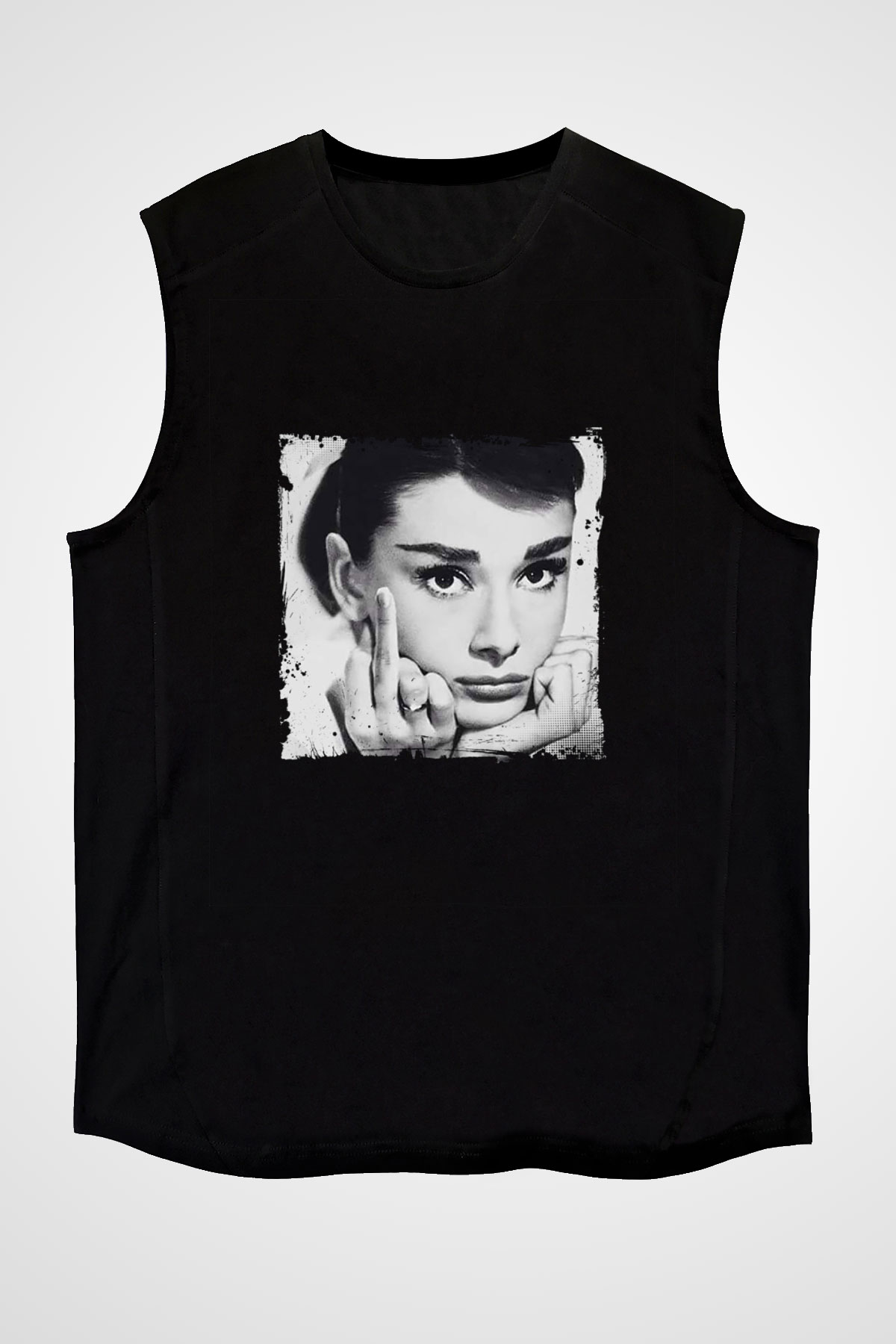 Audrey Hepburn Baskılı Unisex Siyah Kolsuz Tişört