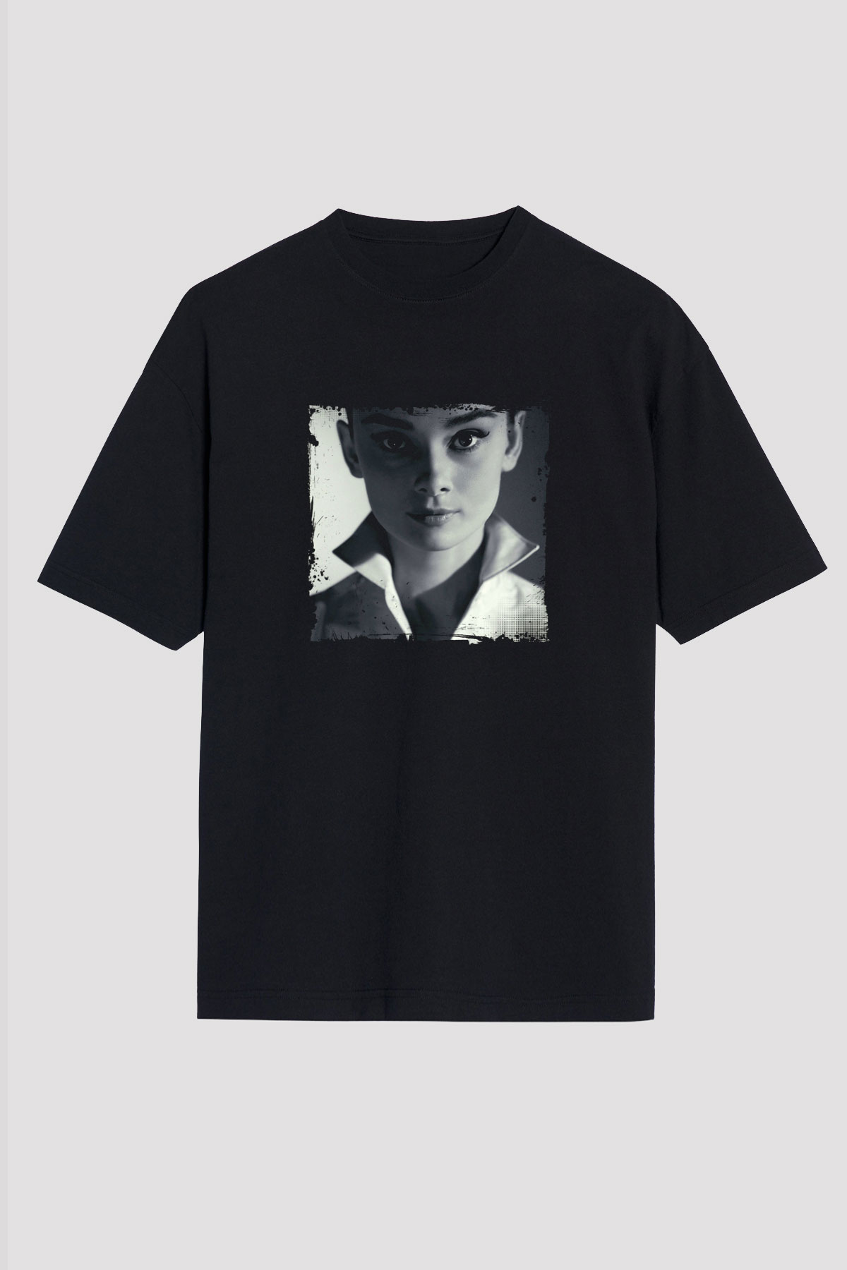 Audrey Hepburn Baskılı Unisex Siyah Oversize Tişört