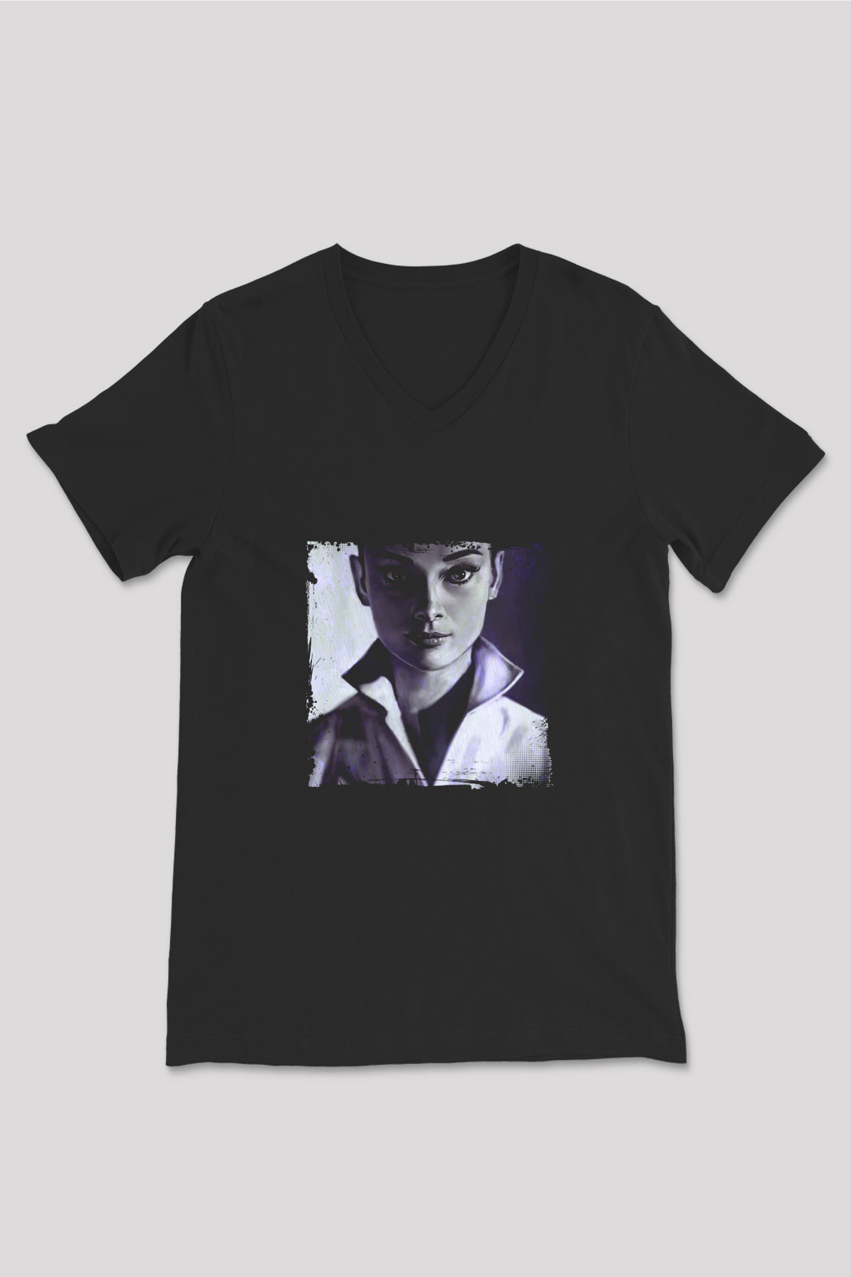 Audrey Hepburn Baskılı Unisex Siyah V Yaka Tişört