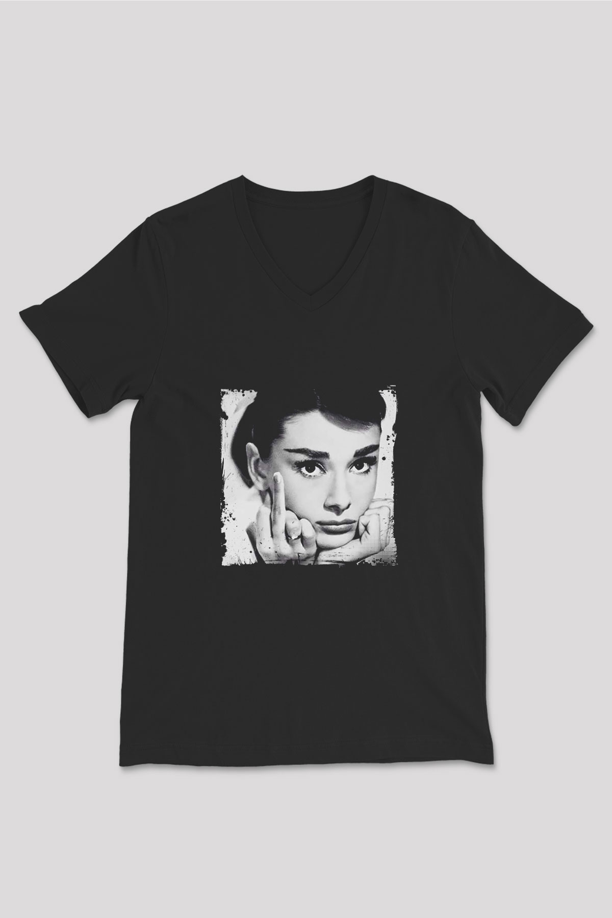 Audrey Hepburn Baskılı Unisex Siyah V Yaka Tişört