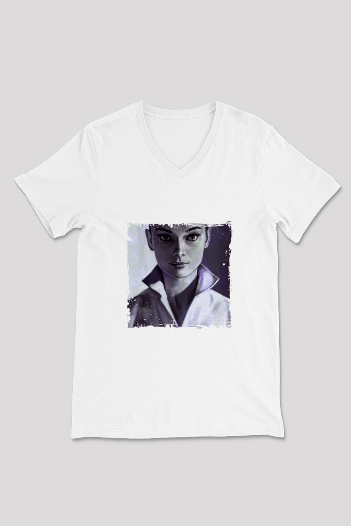 Audrey Hepburn Baskılı V Yaka Unisex Beyaz Tişört