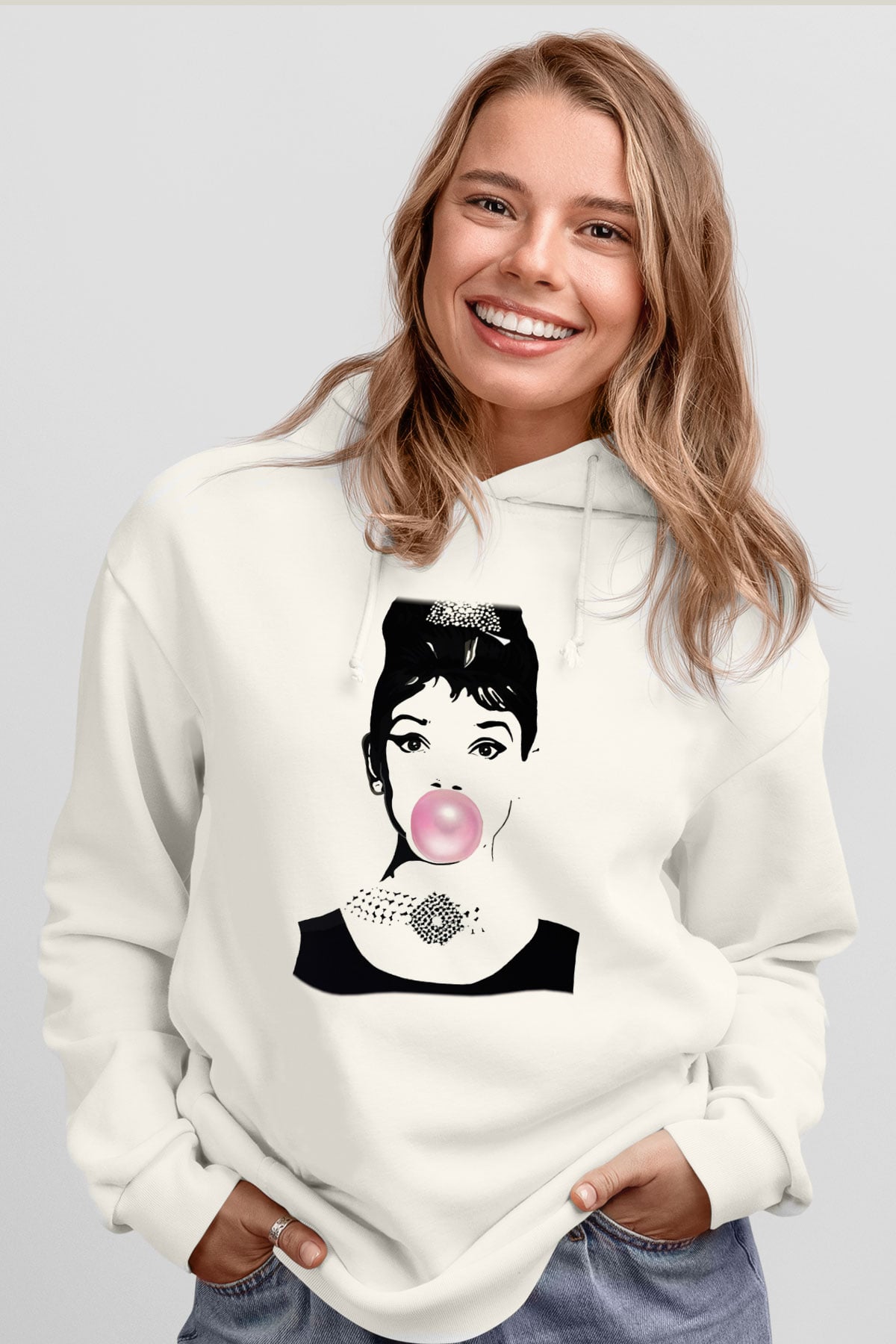 Audrey Hepburn Beyaz Unisex Kapşonlu Sweatshirt