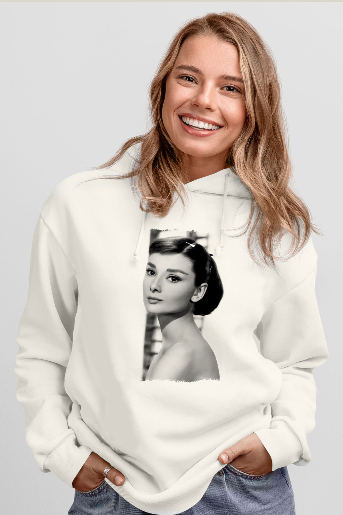 Audrey Hepburn Beyaz Unisex Kapüşonlu Sweatshirt