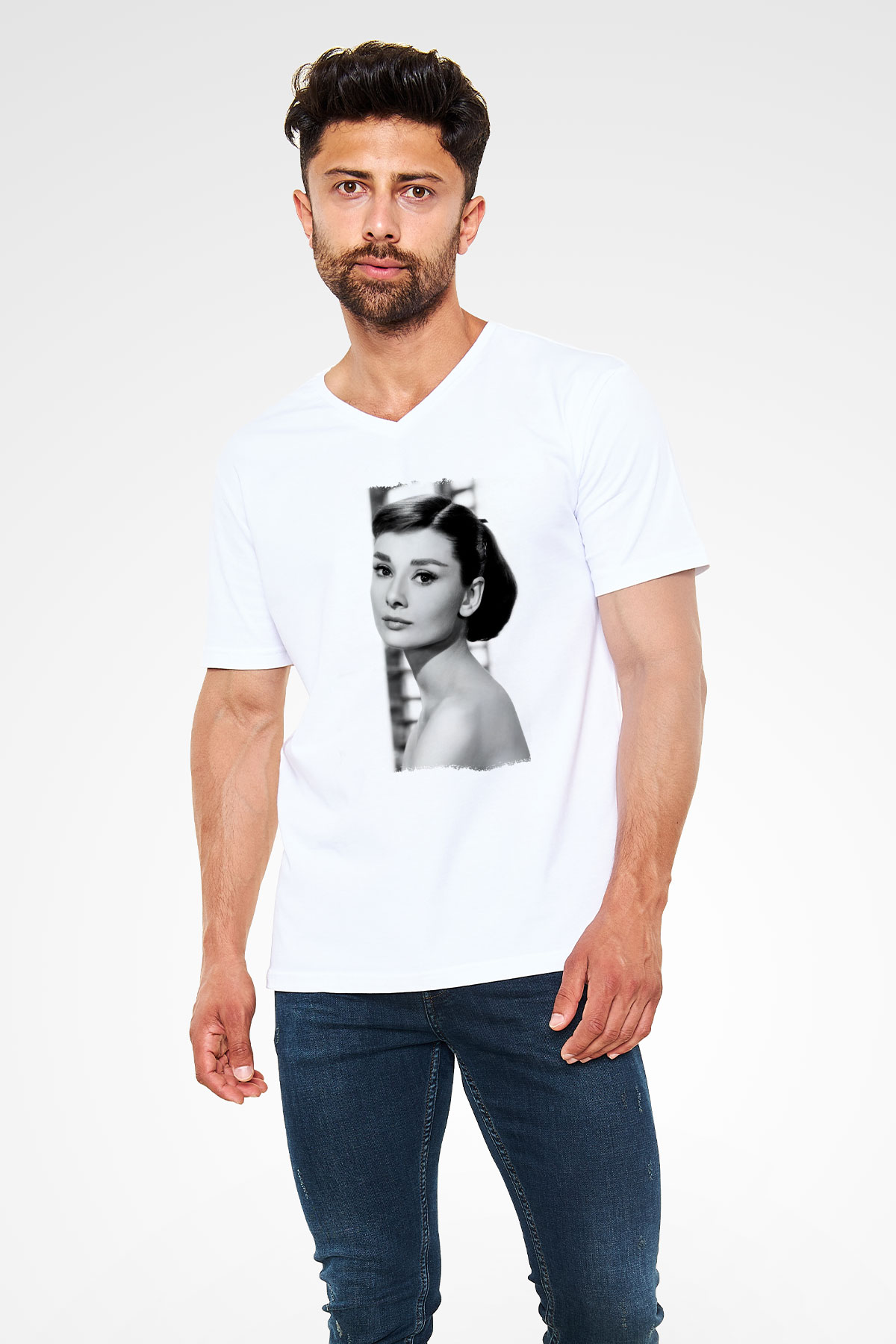 Audrey Hepburn Beyaz Unisex V Yaka Tişört