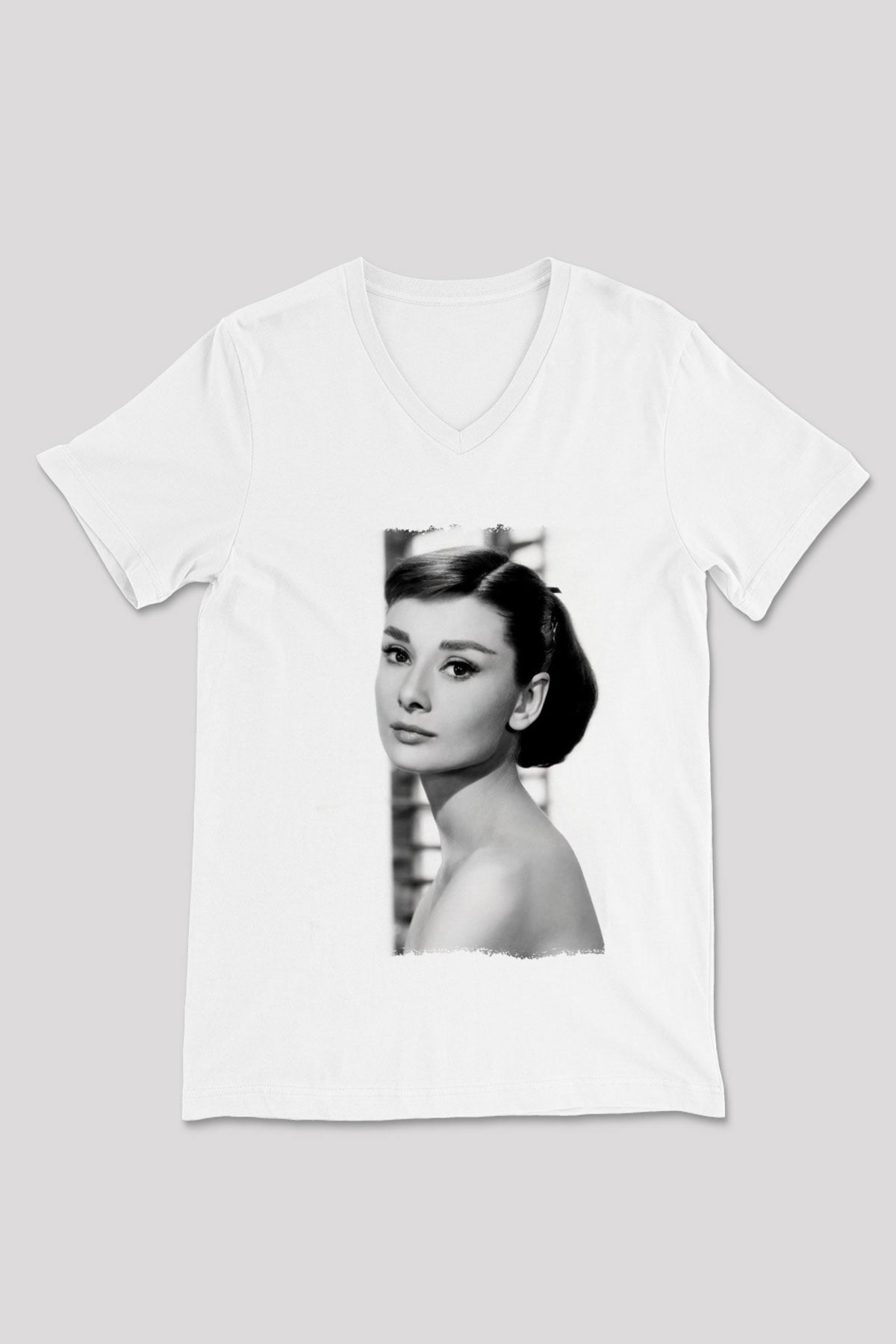 Audrey Hepburn Beyaz Unisex V Yaka Tişört
