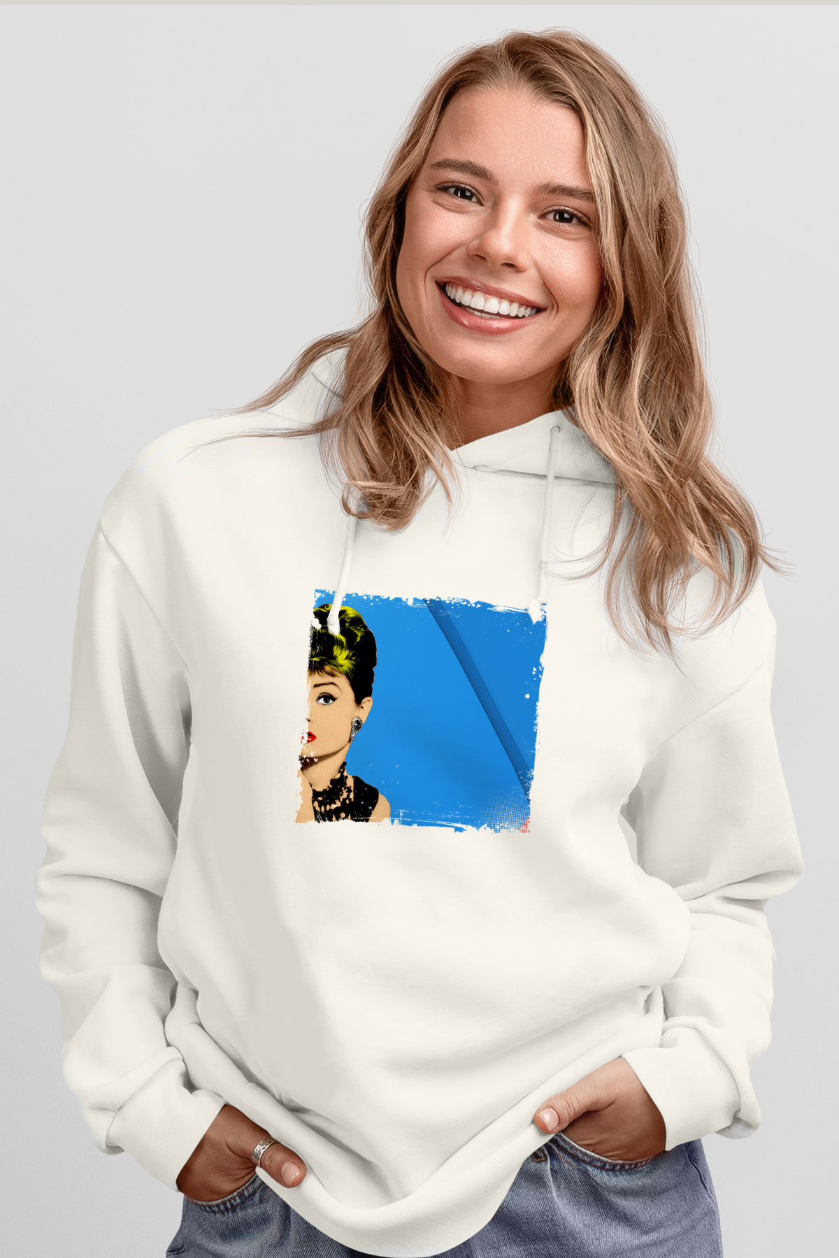 Audrey Hepburn Unisex Baskılı Beyaz Kapüşonlu Sweatshirt