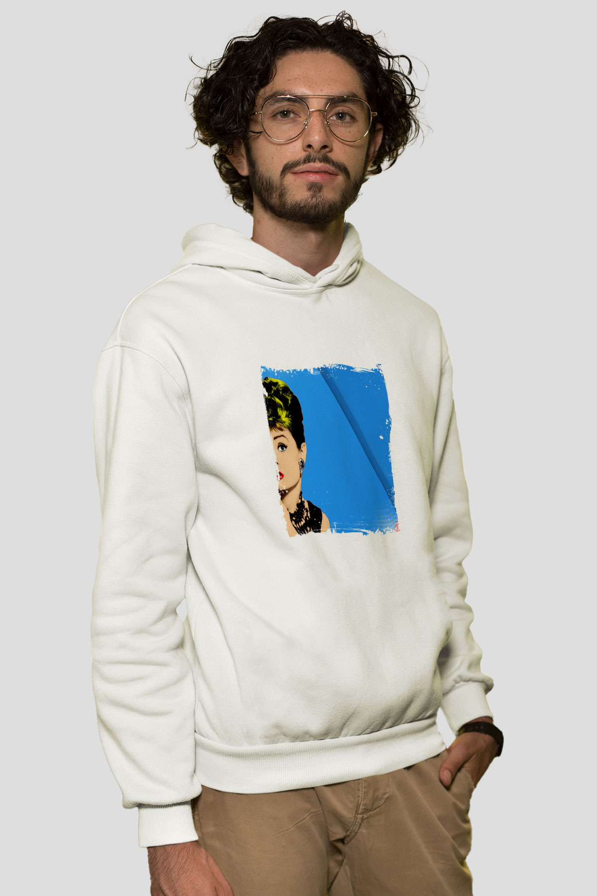 Audrey Hepburn Unisex Baskılı Beyaz Kapüşonlu Sweatshirt