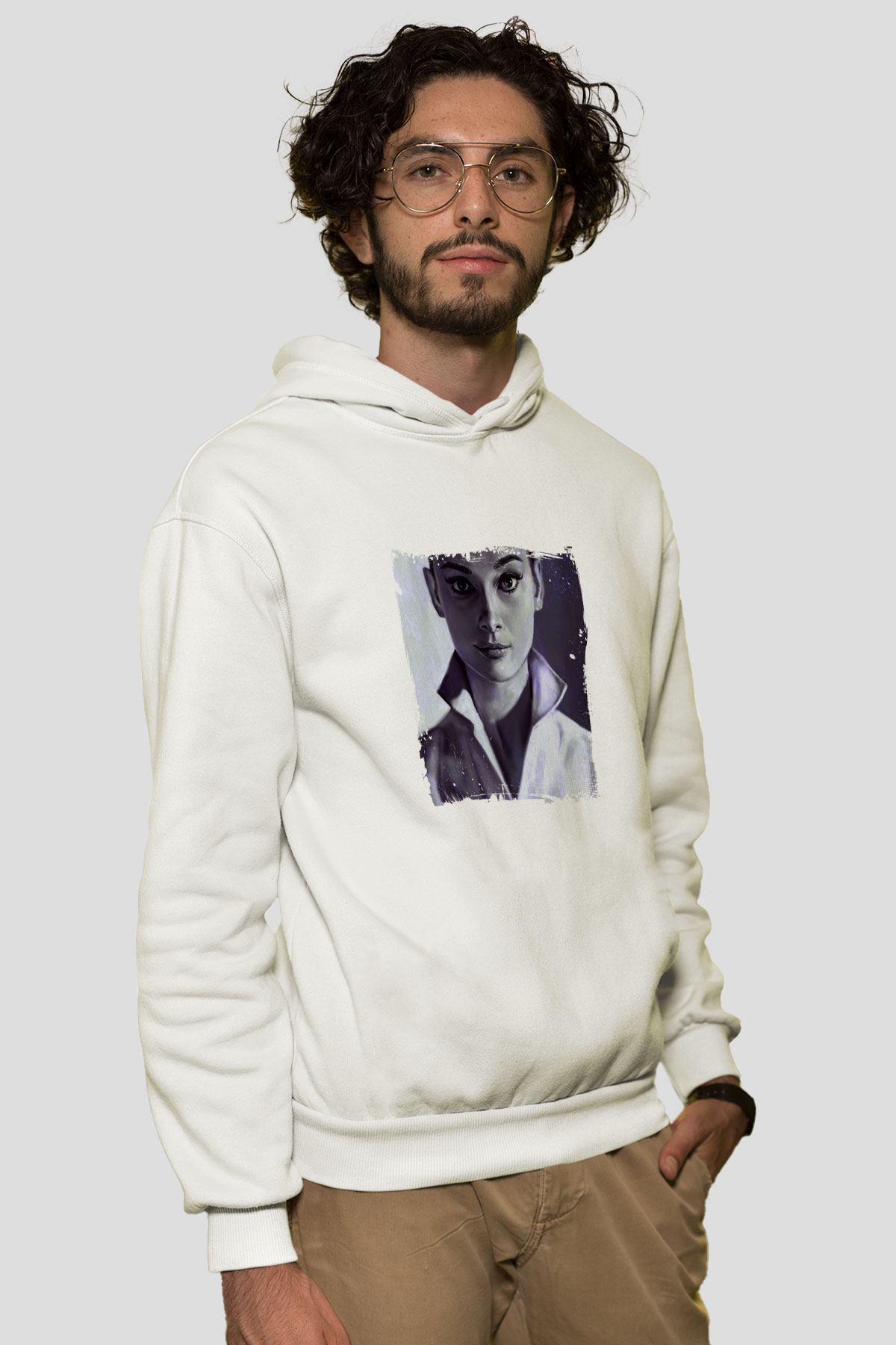 Audrey Hepburn Unisex Baskılı Beyaz Kapüşonlu Sweatshirt